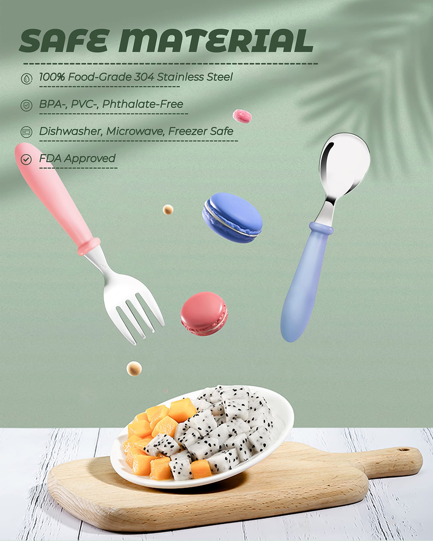 DF DUALFERV 10 pcs Toddler Utensils, Stainless Steel Toddler Silverware Set with Round Handle, Baby Forks for Self Feeding, 5 Forks and 5 Spoons