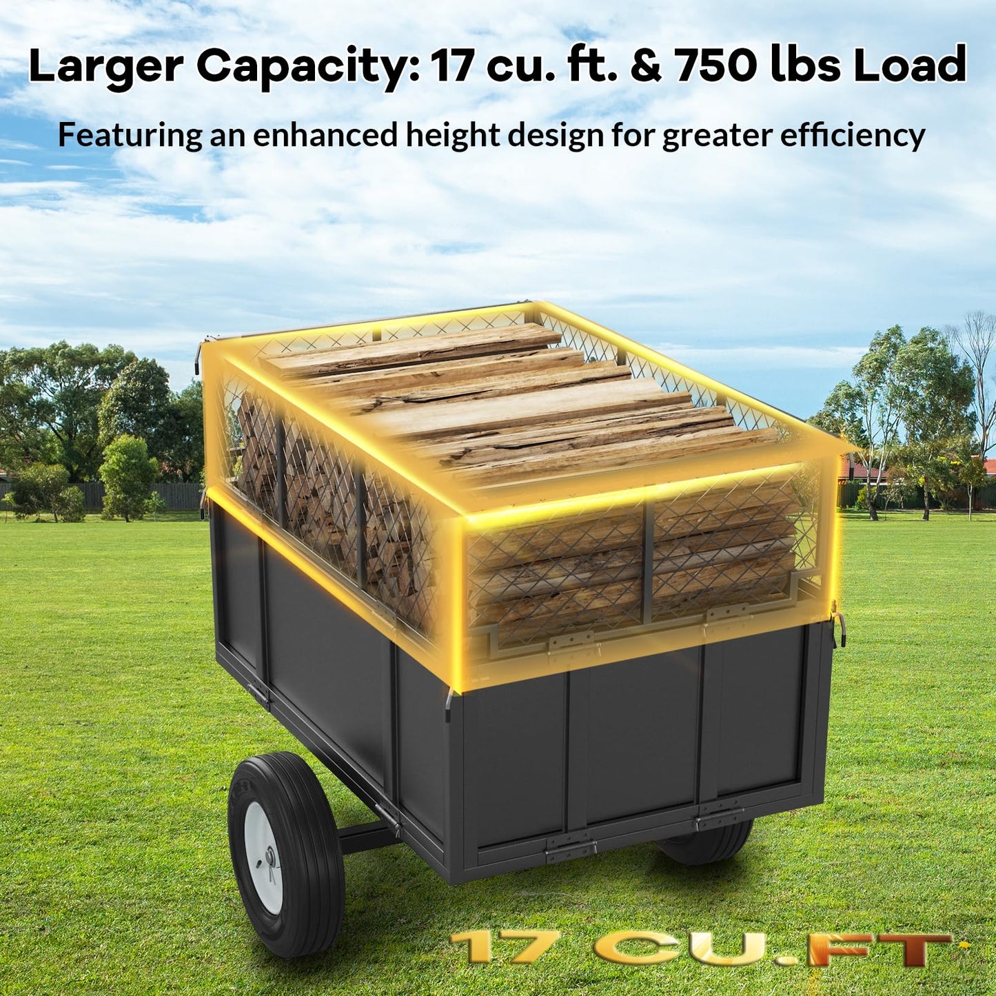 Heavy Duty Steel Utility Dump Trailer – 17 Cu.Ft Garden Cart with Removable Mesh Sides & Pneumatic Tires, 750 Lbs Tow Behind Trailer for ATV, UTV, Lawn Tractor Hauling in Yard & Farm, Black