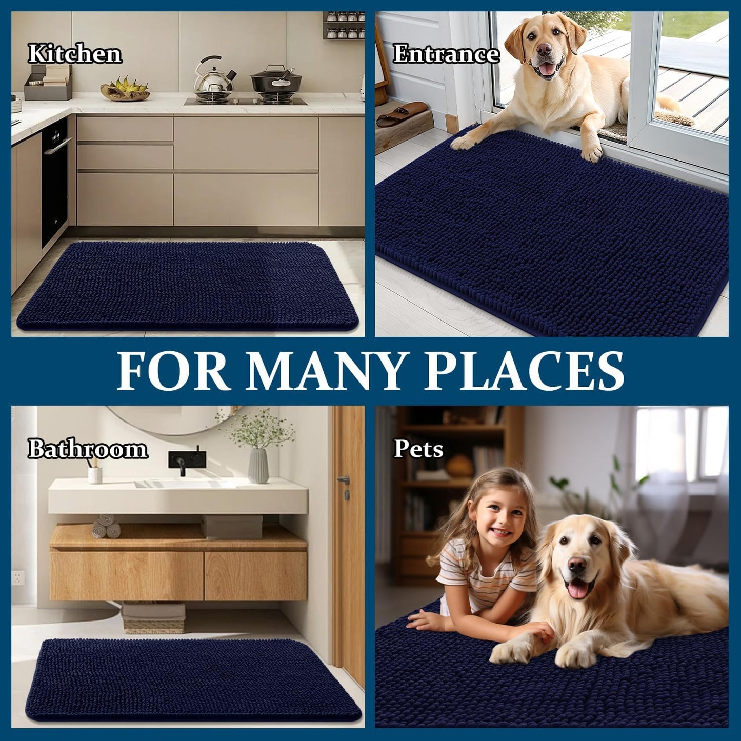 OLANLY Dog Door Mat - Absorbent Non-Slip Mud Mat for Indoor Use | Quick Dry Chenille, Navy Blue 70x35