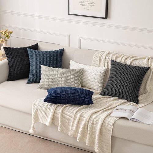 MIULEE Corduroy Throw Pillow Covers - Soft Boho Striped Design | 16x16 Inch Blue for Modern Farmhouse Decor