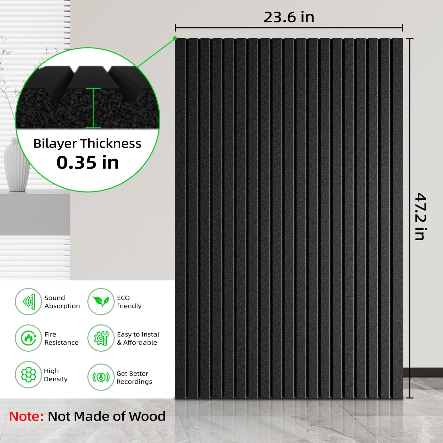 ZHOJEREL 10 Pack Sound Proof Foam Panels for Walls 47.2"x23.6" Large Acoustic Panels Sound Absorbing, Self-Adhesive Soundproof Wall Panels for Home Studio, Office, Recording, Black (10 Pack Black)