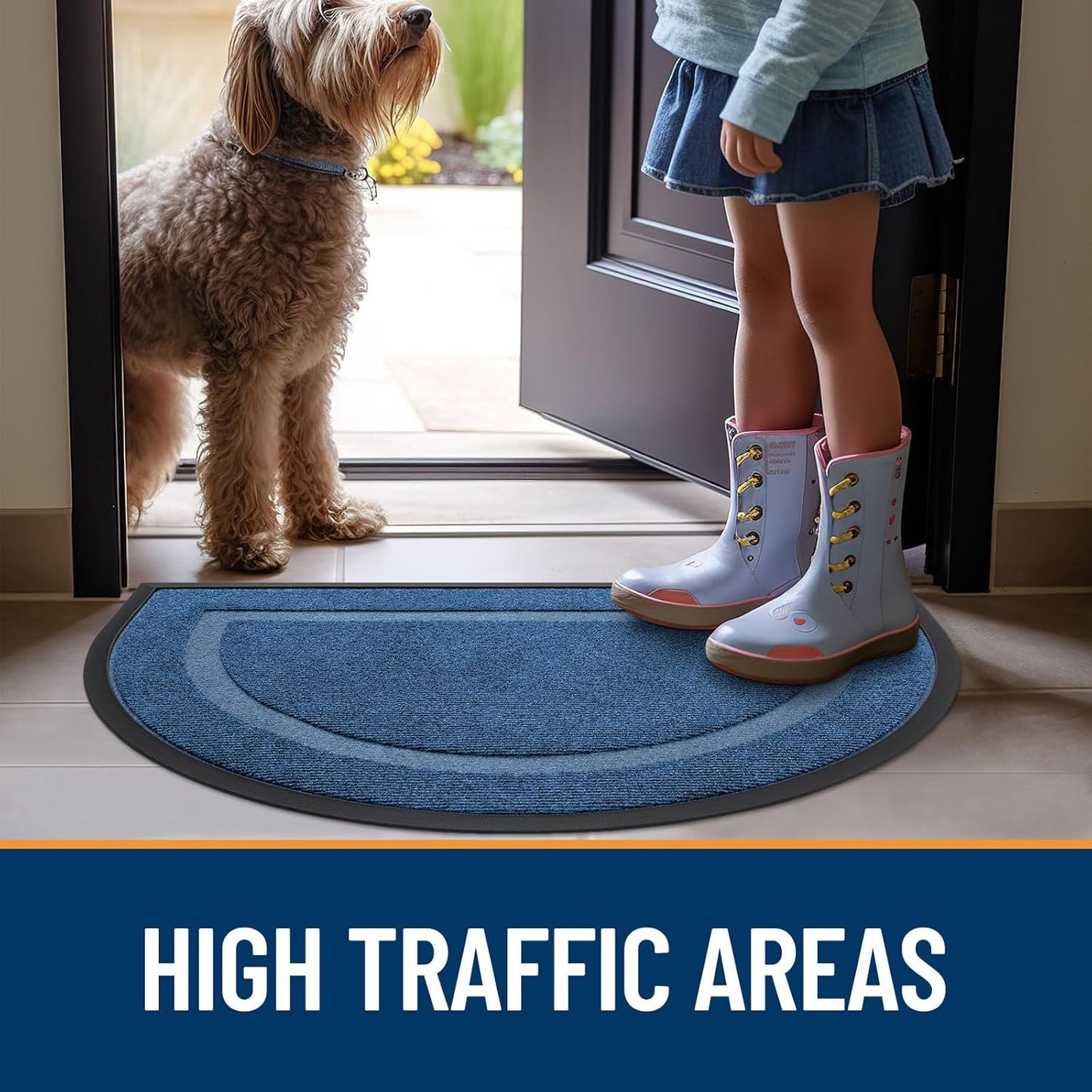 OLANLY Half Circle Door Mat - Waterproof All-Season Indoor/Outdoor Welcome Mat | 58x23 Light Blue