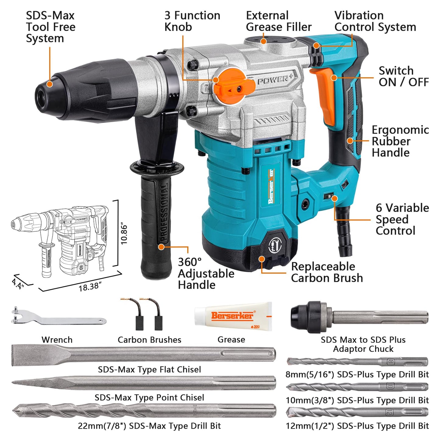 Berserker 1-9/16" SDS-Max Heavy Duty Rotary Hammer Drill with 2 Inch x 9 Inch SDS Max Core Bit