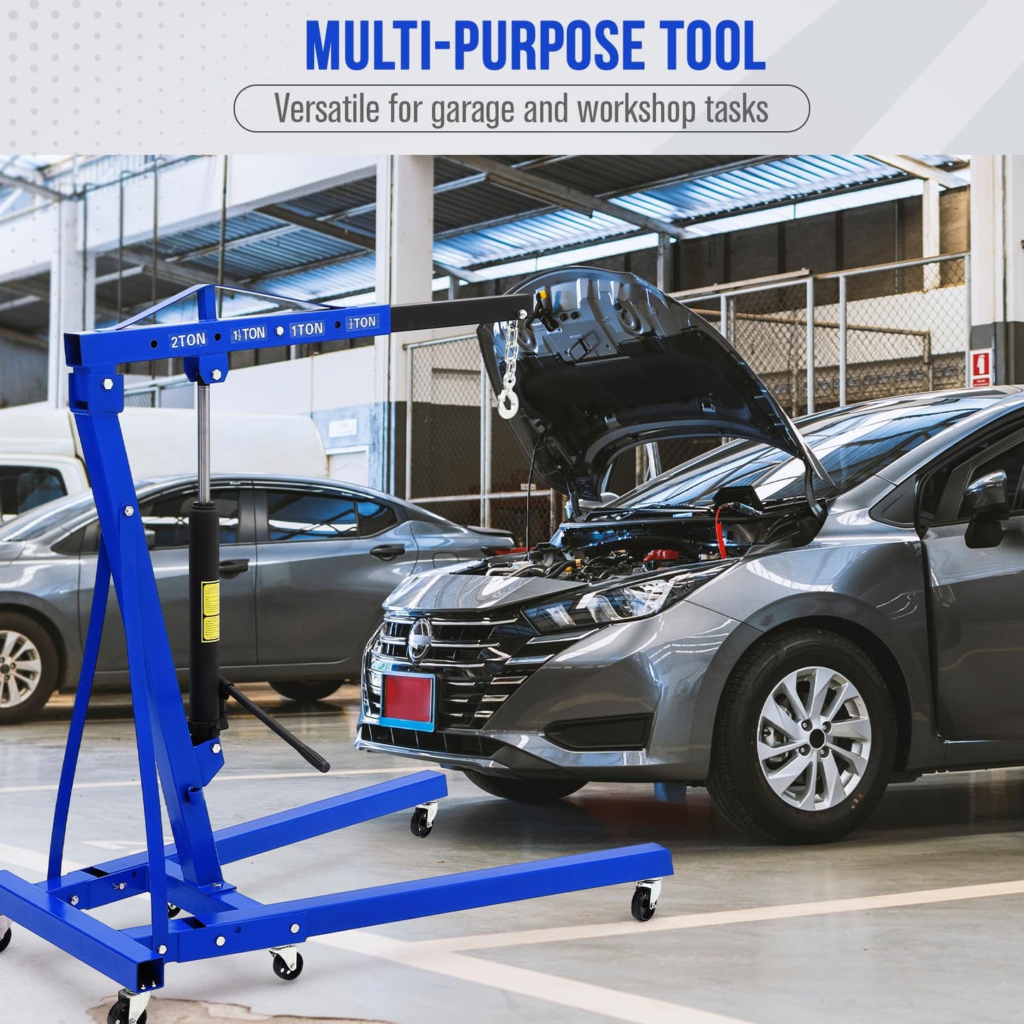 GarveeLife 2-Ton Folding Hydraulic Engine Hoist with Leveler, Shop Crane with Telescopic Boom & 6 Casters, 4400 Lbs Foldable Cherry Picker Lift for Home Garage, Workshop, Warehouse, Heavy-Duty, Blue