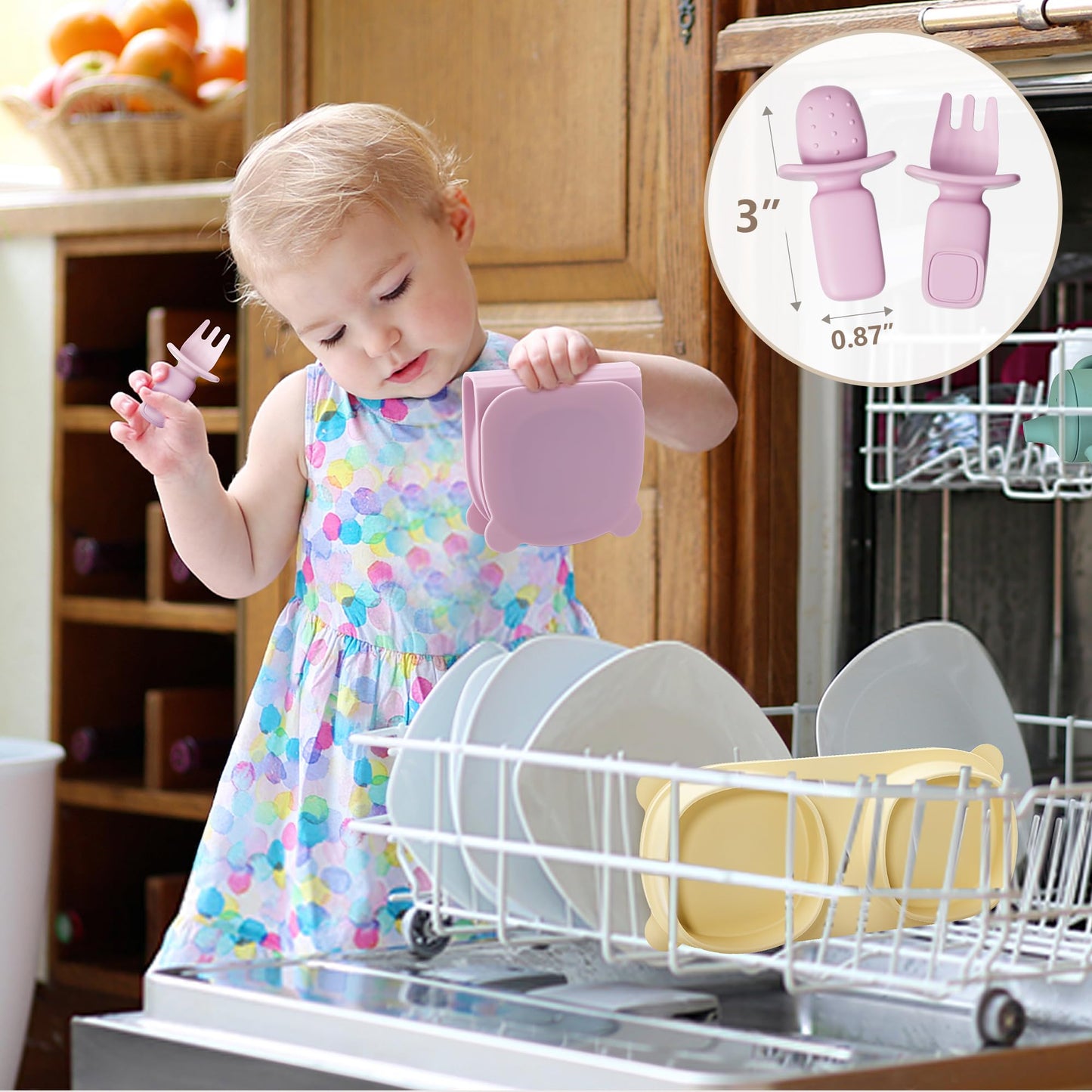 yahaa Baby Plates with Suction with Forks and Spoons, Foldable Silicone Toddler Plates, Baby Travel Essential, Microwave & Dishwasher Safe, Purple