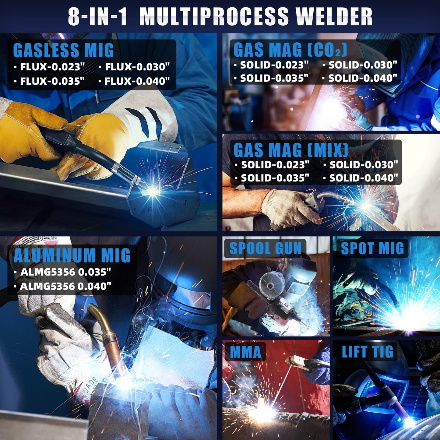 AZZUNO 8 in 1 200A MIG Welder & .035" 2LBS 2-Pack Flux Core Mig Welding Wire, 110V/220V Welder Machine Flux Core MIG/Gas MIG/MAG/Aluminum MIG/Spot MIG/Lift TIG/Stick Welding/Spool Gun Compatible, Mul