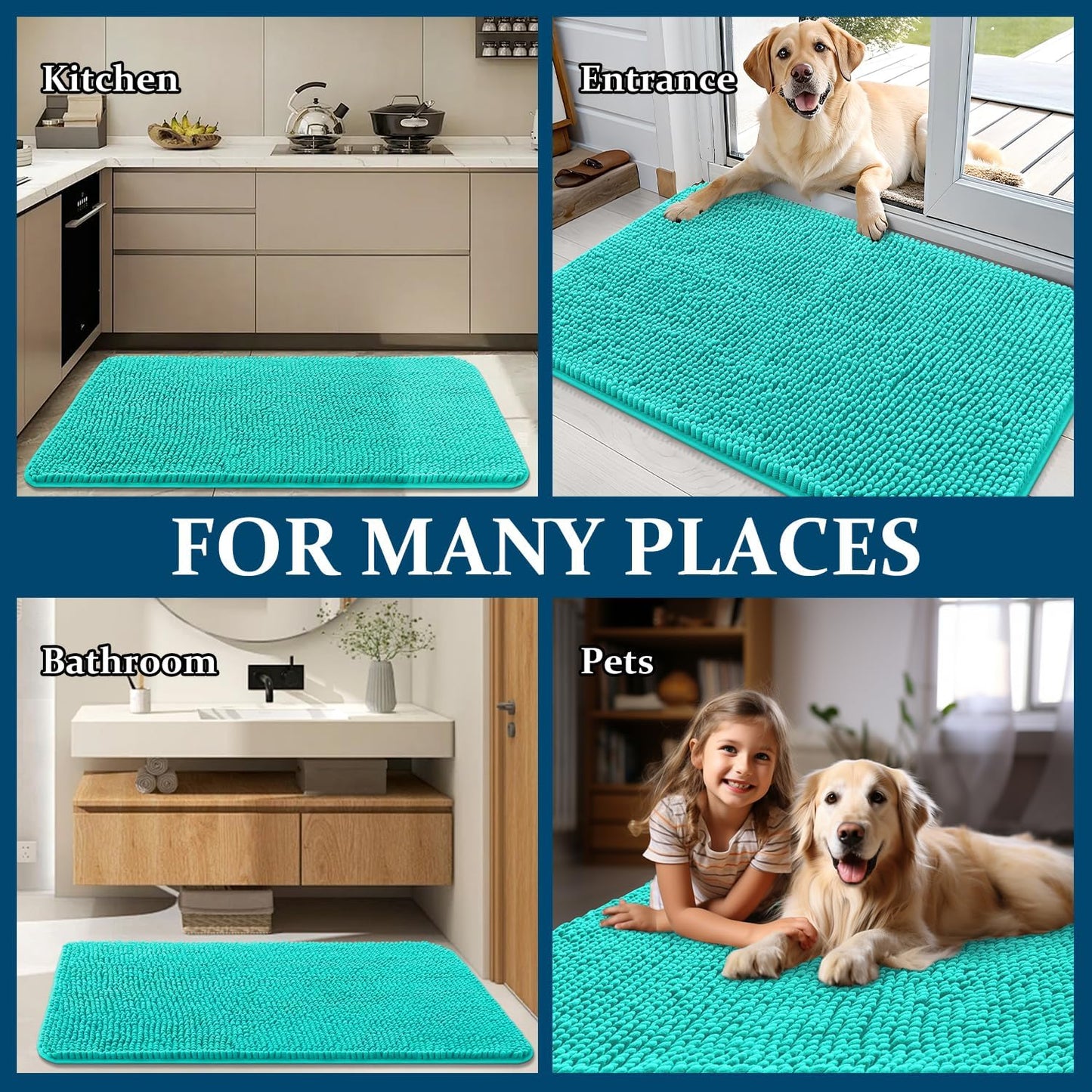 OLANLY Dog Door Mat - Absorbent Non-Slip Chenille Mud Mat for Indoor Use | 30x17 Inches, Teal