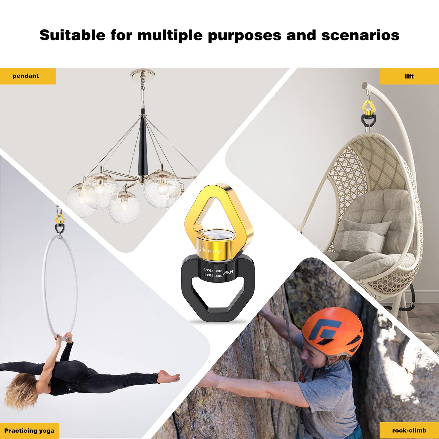 Digtichnny Swing Swivel, 35KN Safety Rotational Device, Swing Spinner for Web Tree Swing, Aerial Dance, Children's Swing, Hanging Hammock Black-Gold