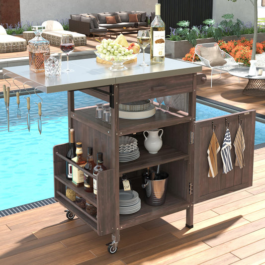 Trygoal Outdoor Grill Cart with Stainless Steel Top, 40.5”Solid Wood BBQ Prep Table for Pizza Oven, Mobile Outdoor Kitchen Island with Drop Leaf, Storage Cabinet, Towel Rack & Spice Holder for Patio