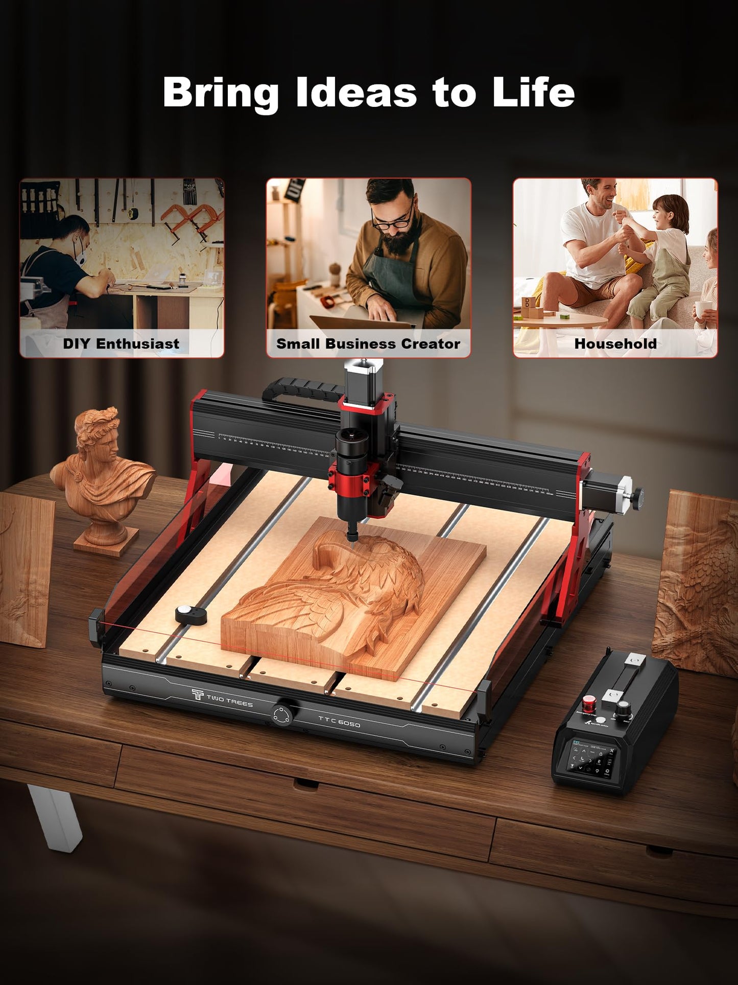 TTC6050 CNC Router Machine, Desktop Engraving Machine 600x500mm Working Area, 500W Spindle, 3-Axis CNC Engraving & Laser Cutting for Wood, Metal, Acry