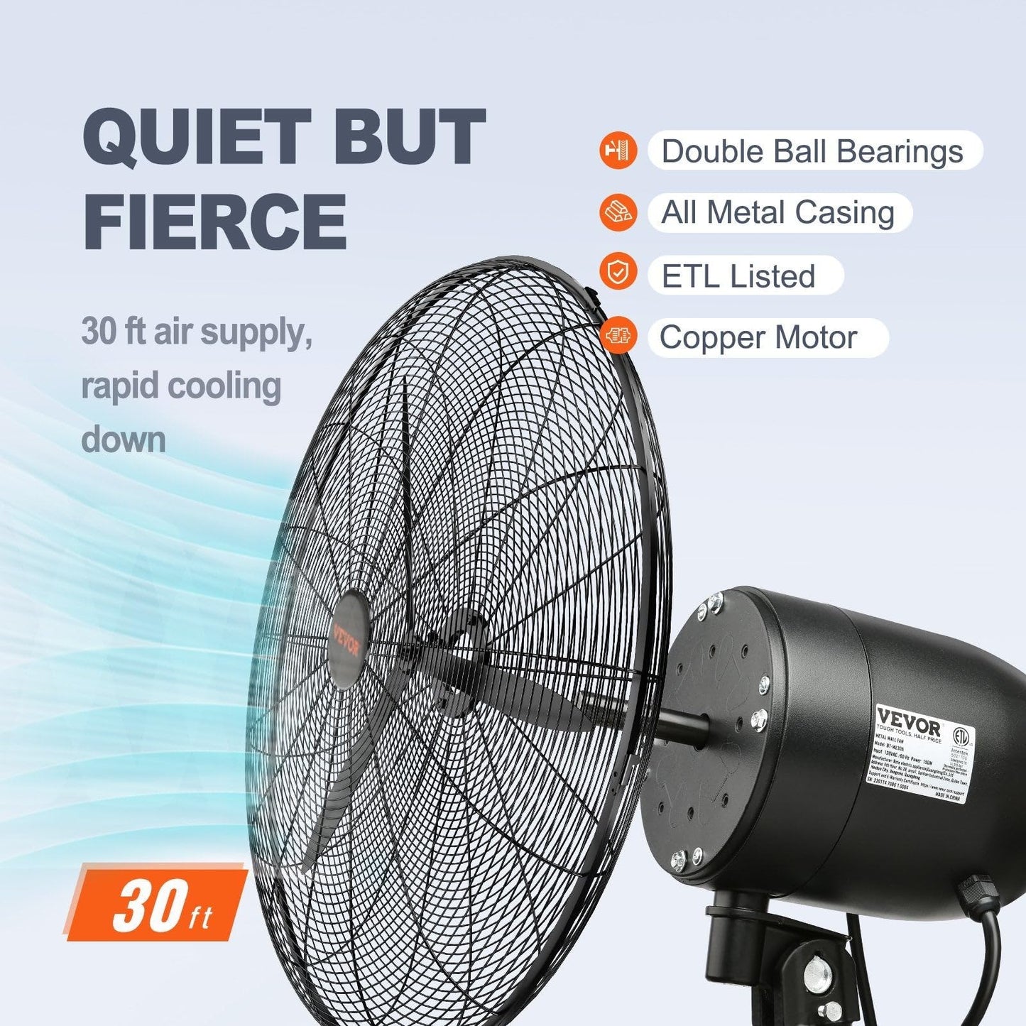 VEVOR 24 Inch 3-Speed 7000 CFM Black Waterproof Wall Mount Oscillating Fan