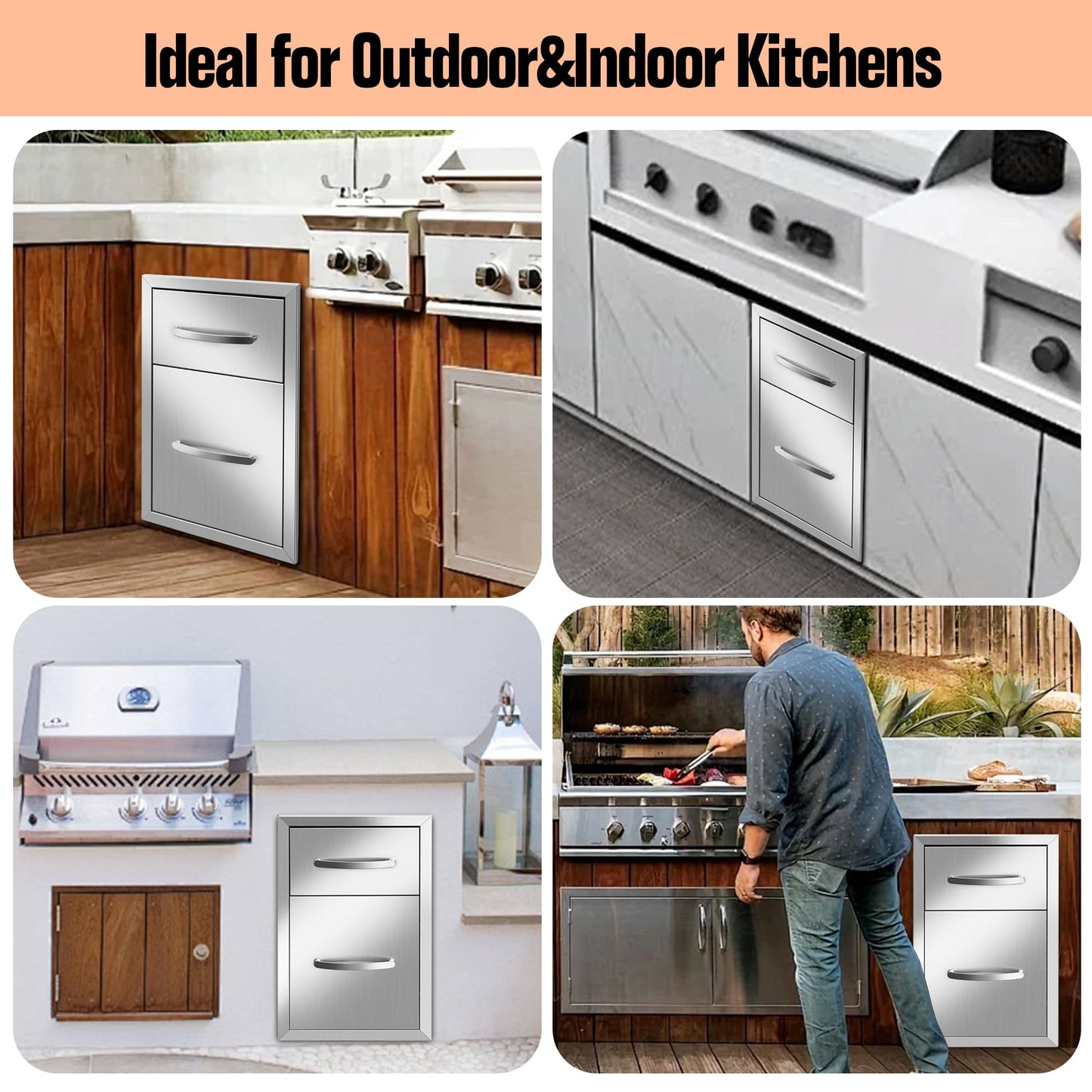Migoda Outdoor Kitchen BBQ Drawers Stainless Steel Built-in with Handle Weatherproof Storage for Outdoor Grill Station Accessories (13''W x 20.5''H x 21''D)