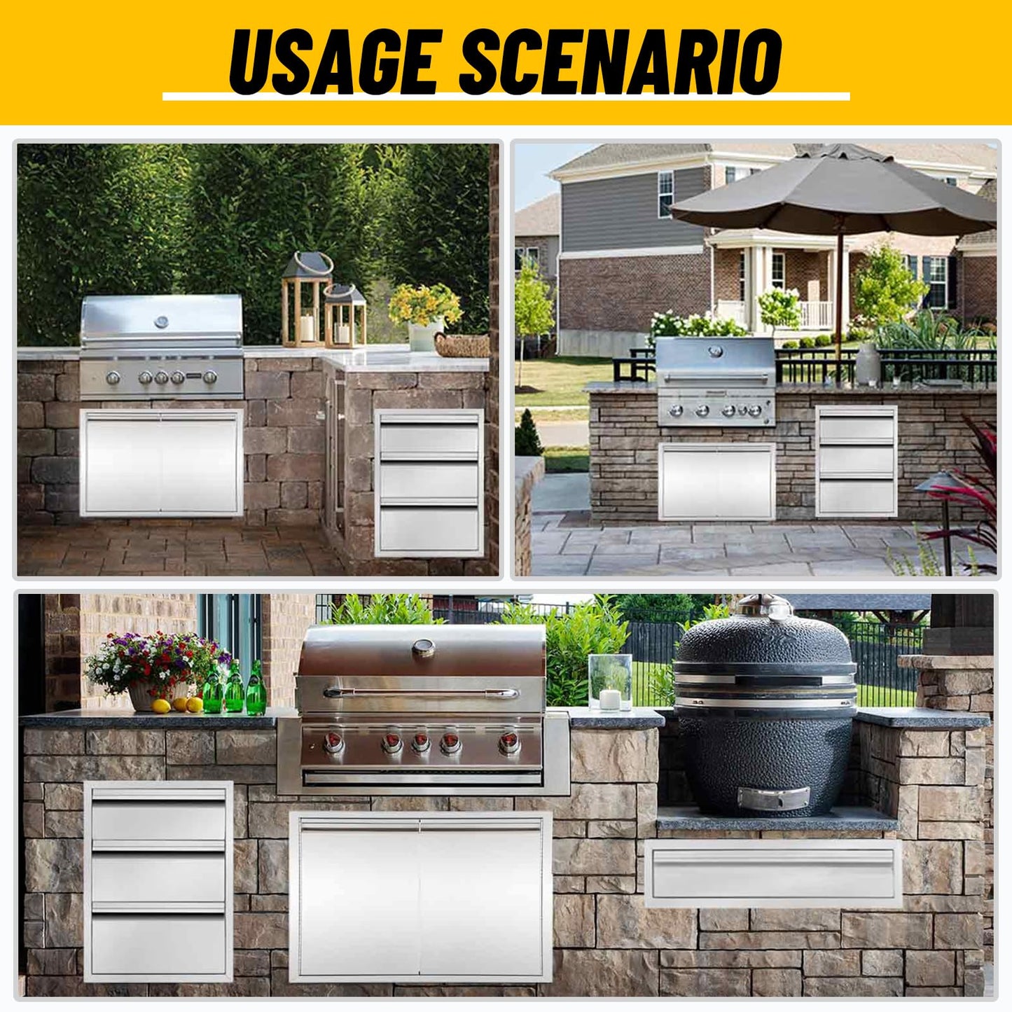 Outdoor Kitchen Drawers 16" W x 21" H x 23" D Triple BBQ Drawers Stainless Steel Built-in Drawer for Patio Grill Station or Outdoor Kitchen Island