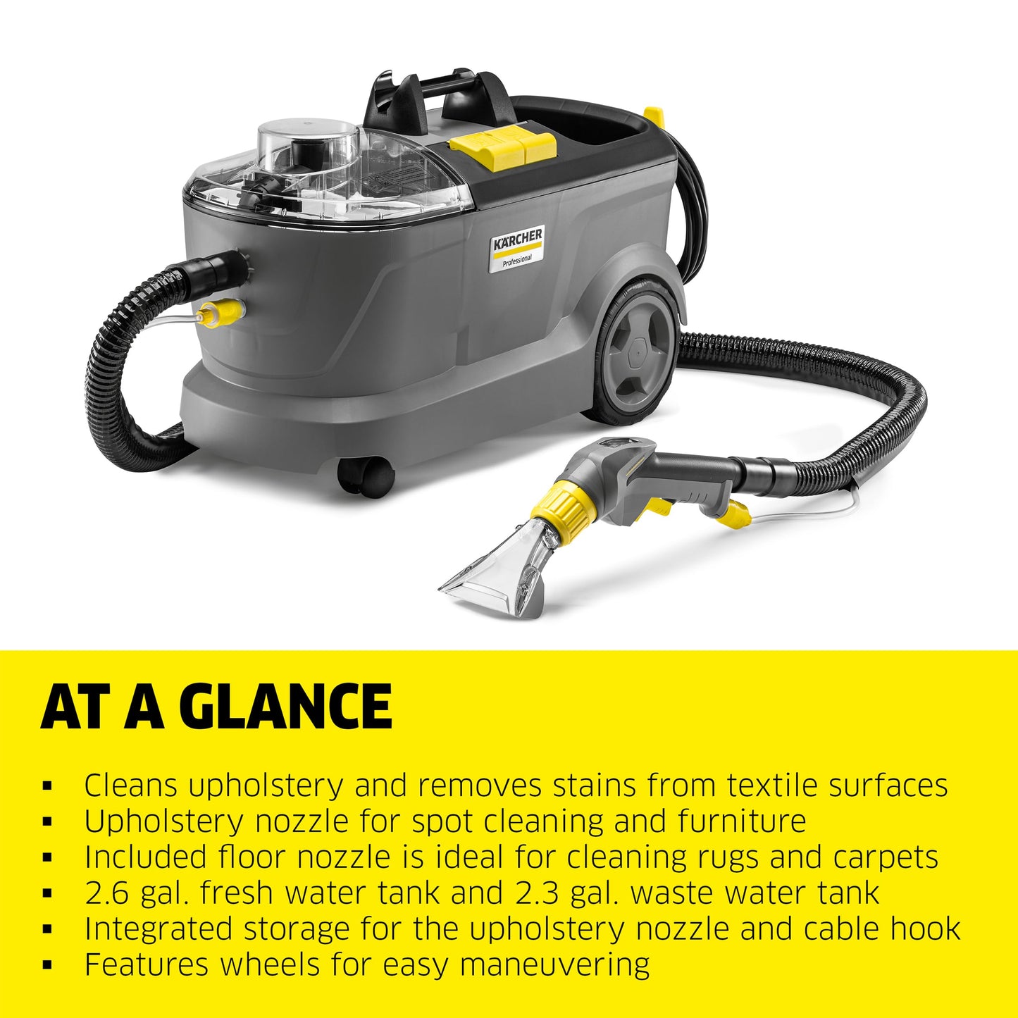 Kärcher Puzzi 10/1 Commercial Carpet Extractor 12.5 PSI - Spot Cleaner, Stain Remover, Area Rugs, Car and Auto Detailing, Carpet and Upholstery Cleaner - Onboard Accessory Storage - 4.9 Gallon