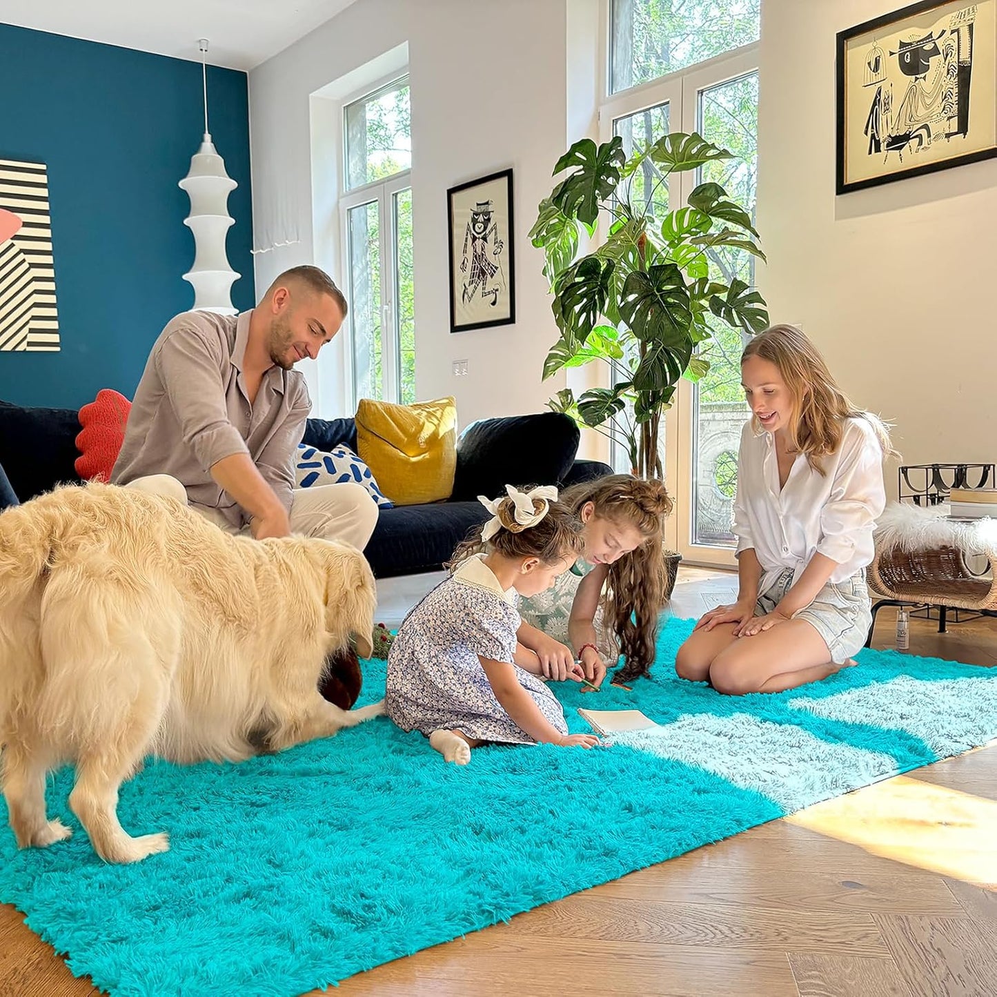 OLANLY 5x7 Soft Fluffy Shaggy Area Rug - Machine Washable Indoor Carpet for Living Room & Bedroom | Teal Blue