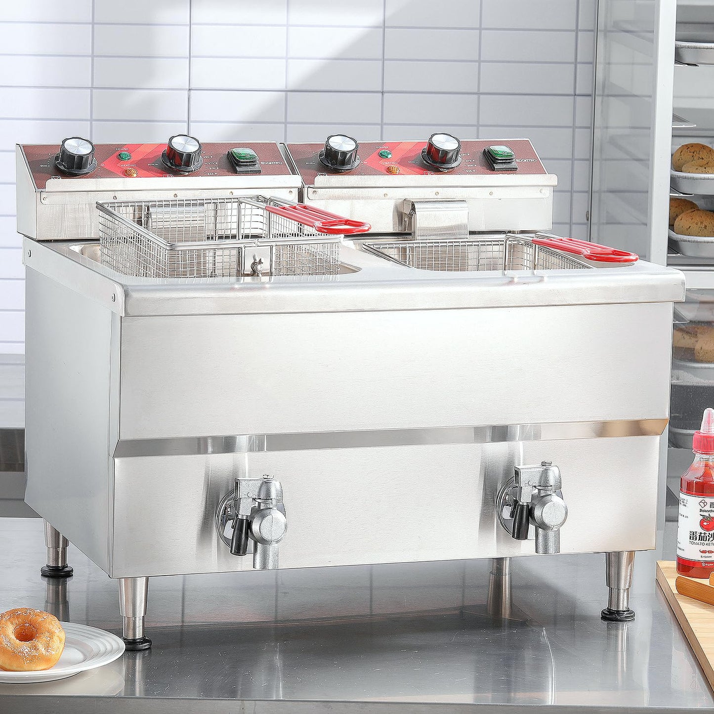EGGKITPO (ECF4-NG) 50LB 120,000 BTU Natural Gas Fryer and 12L × 2 Commercial Fryer with Timer and Oil Drain Electric Deep Fryer(120v 3500w)
