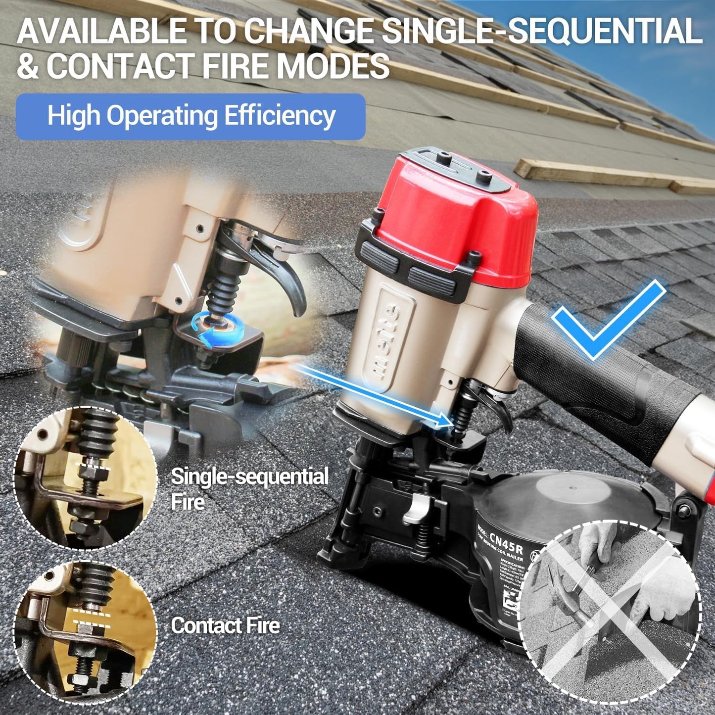 meite CN45R Coil Roofing Nailer Kit with 1-1/4-Inch Coil Roofing Nails, 15 Degree Pneumatic Roofing Nail Gun for Asphalt Shingles Underlayment Decking Roof Repair, 2,880PCS