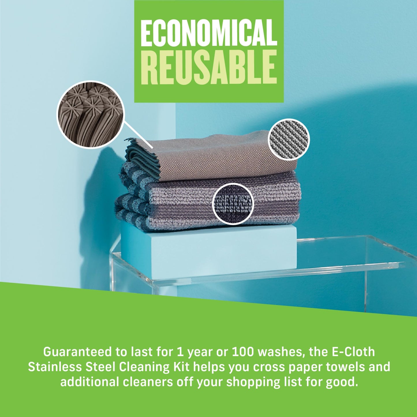 E-Cloth Stainless Steel Microfiber Cleaning Cloth Kit - Stainless Steel Cleaner for Appliances, Oven, Stove, & More - Microfiber Towels for Cars - Reusable Cloths for Cleaning