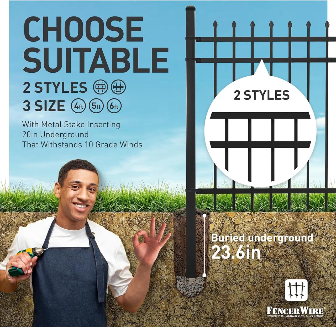 Fencer Wire 100FT Heavy Duty Flat Top Fence Barrier Kit, Anti-Rust Metal Steel Fence with 6FT Height X 6FT Width Panels, with Decorative Gate, Posts, Connectors, Outdoor Fencing for Yard