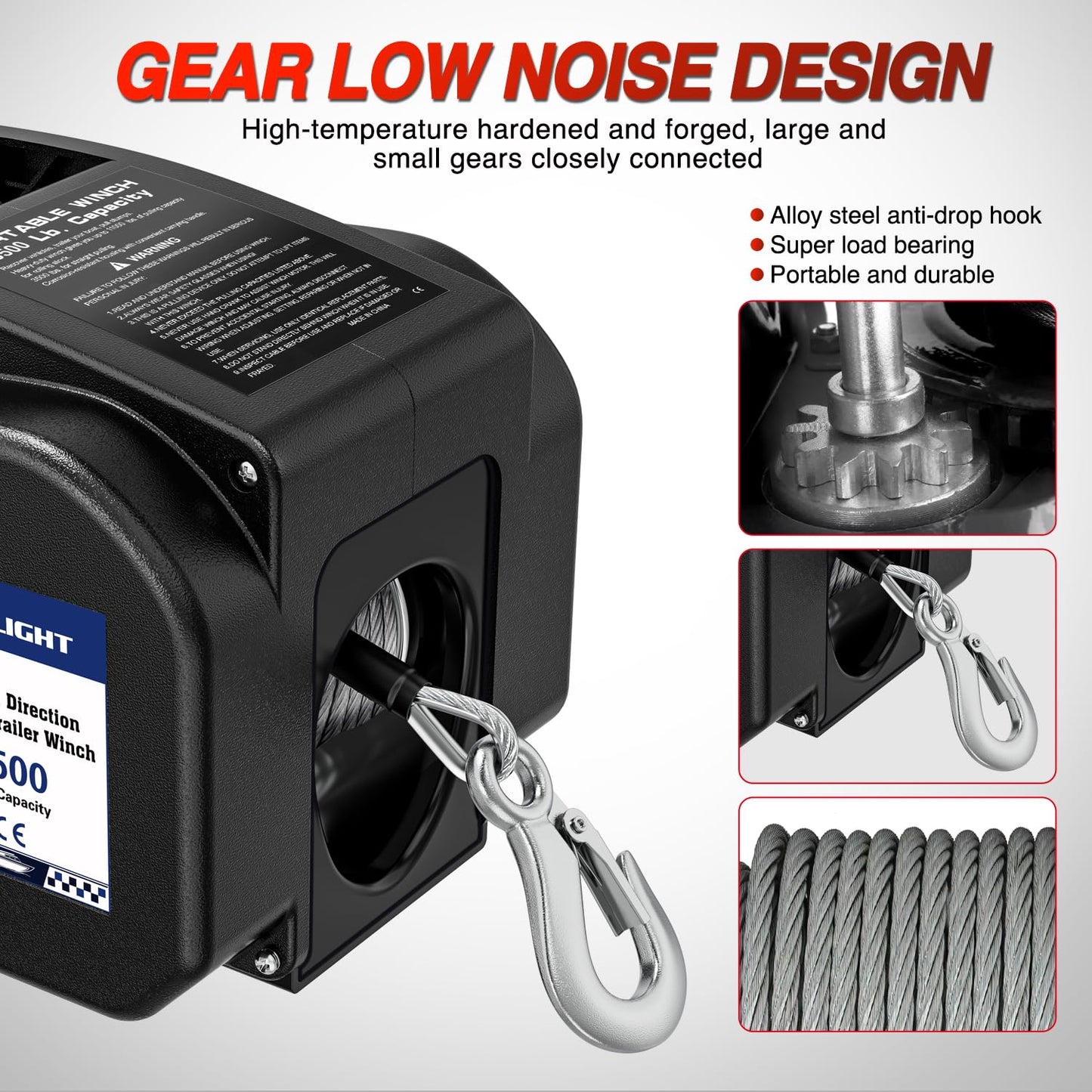 Nilight Boat Trailer Winch 3500 lbs Portable Electric Boat Winches 12 V DC Marine Winch with Remote Control and Hand Crank Power-in Freewheel Operation Waterproof Reversible Winch for Boat Trailer
