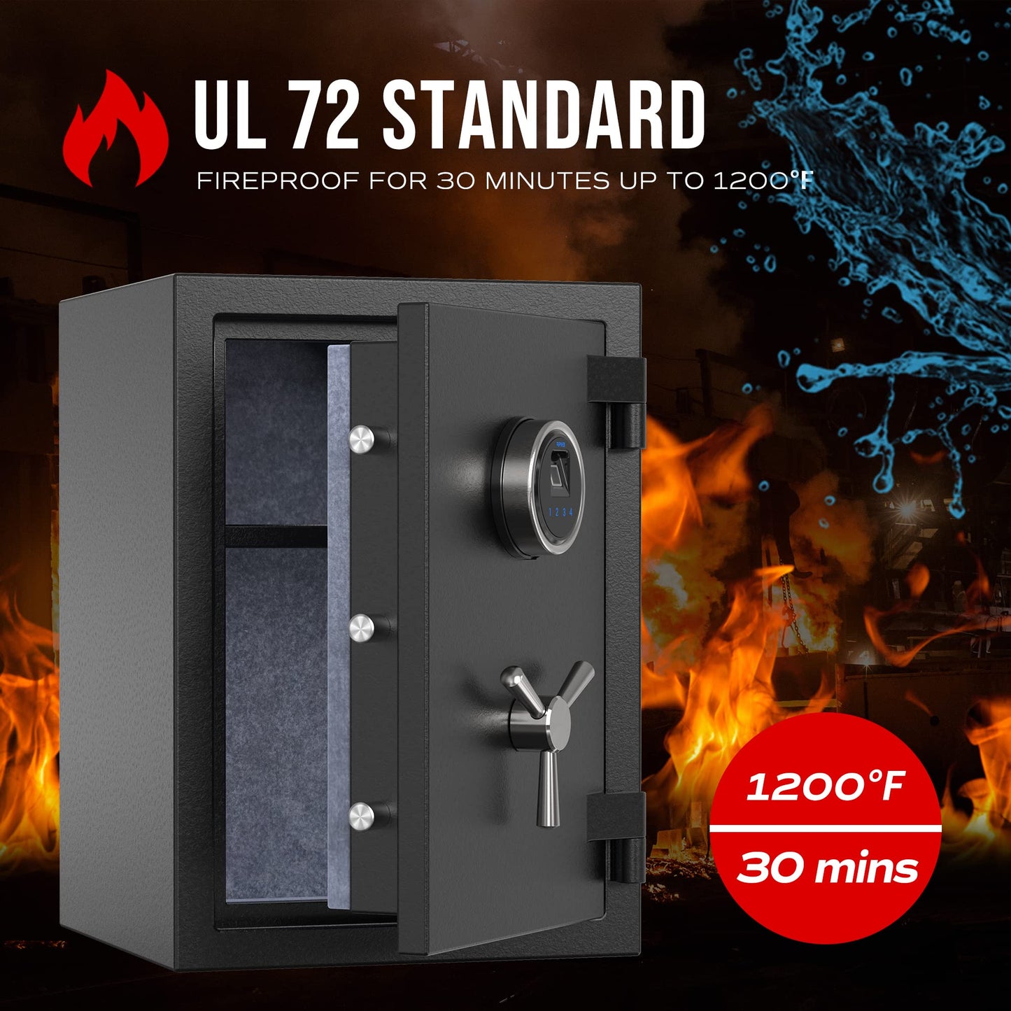 RPNB Deluxe Biometric Fireproof Safe Box,Digital Fingerprint Fireproof Waterproof Safe with Touch Screen,Removable Shelf and 3 Spoke Handle,Home Safes for Cash Documents Jewelry,1.29 Cubic Feet