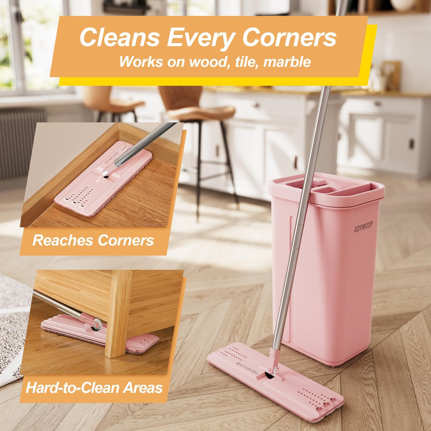 JOYMOOP Pink Mop and Bucket with Wringer Set for Home, with 3 Reusable Microfiber Mop Pads, Hands-Free Self-Cleaning System, Suitable for Floor Cleaning and Wall Cleaner