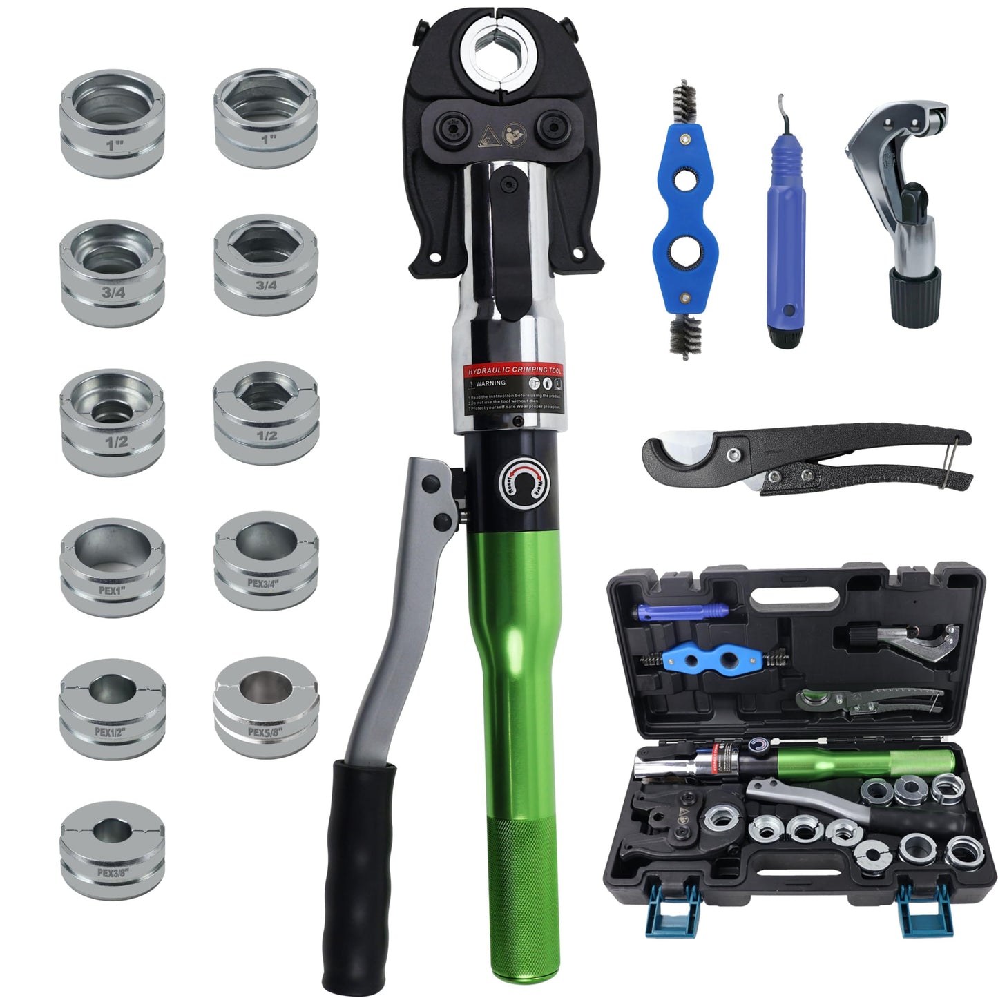 AMZCNC Pipe Press Tool with1/2,3/4,1" Dies for Copper Pipe and F877 Stainless PEX Press Sleeves,3/8",1/2",5/8",3/4",1" Dies for ASTM F1807 Pex Pipe Copper Ring Pipe Fittings Crimping Tool
