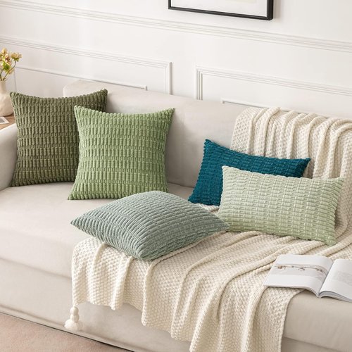 MIULEE Euro Sham Pillow Covers - Soft Boho Striped Corduroy | 24x24 Inch Olive Green Decor for Living Room