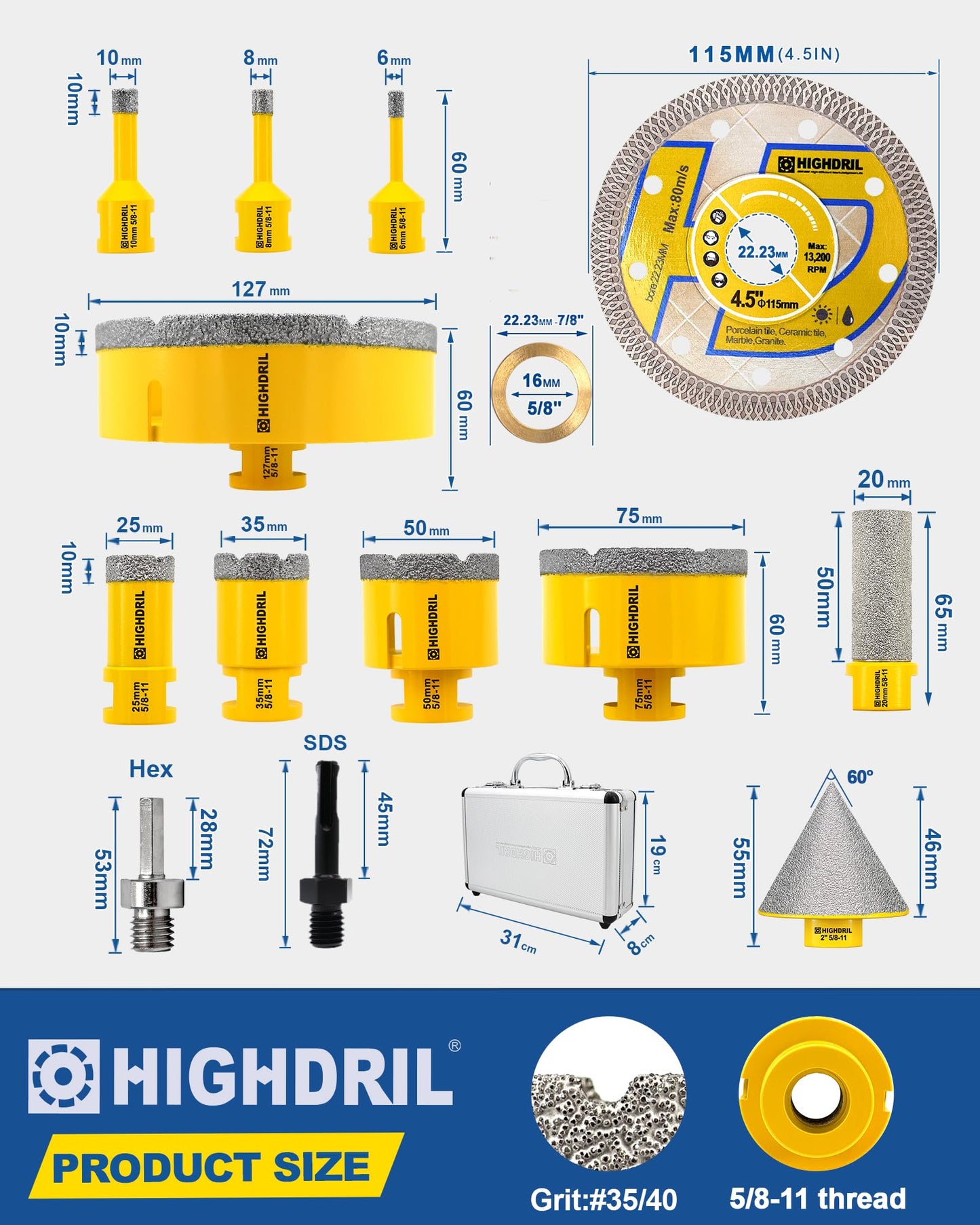 HIGHDRIL 13Pcs Diamond Hole Saw Kit and HIGHDRIL Diamond Core Drill Bit,Diameter 2 Inch
