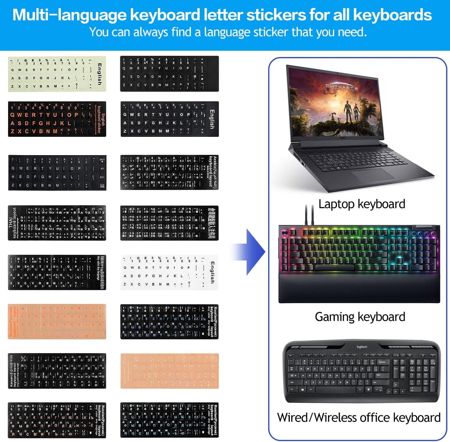 CaseBuy 2PCS Korean Keyboard Stickers, Korean-English Keyboard Letters Replacement Sticker White Font on Black