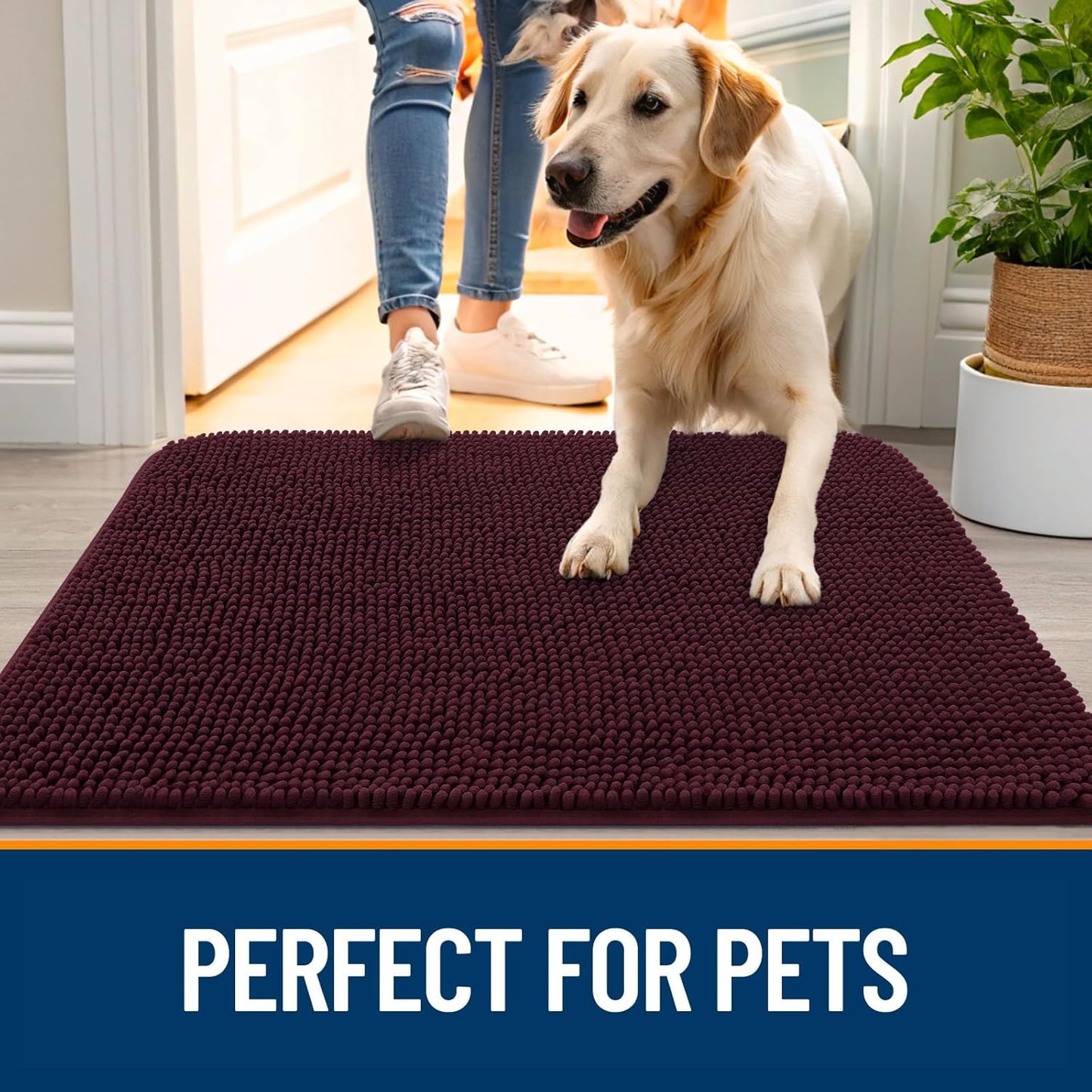 OLANLY Dog Door Mat - Absorbent Non-Slip Chenille Mat for Muddy Paws | 70x35 Inches, Quick Dry, Russet