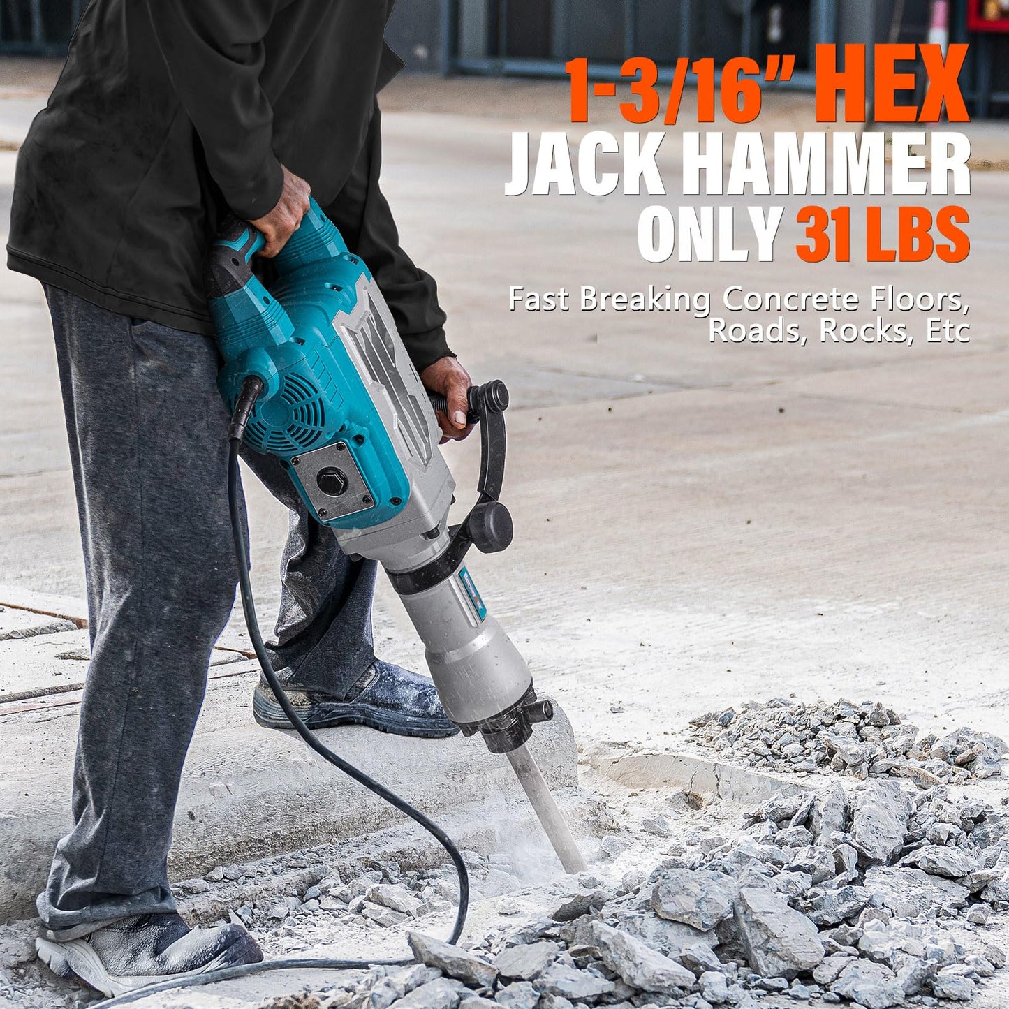 Berserker 30-Pound Demolition Jack Hammer with 1-3/16" Hex Scaling Chisel, 3 x 16 In. Steel Scraping Chisel Tile Removal Bit