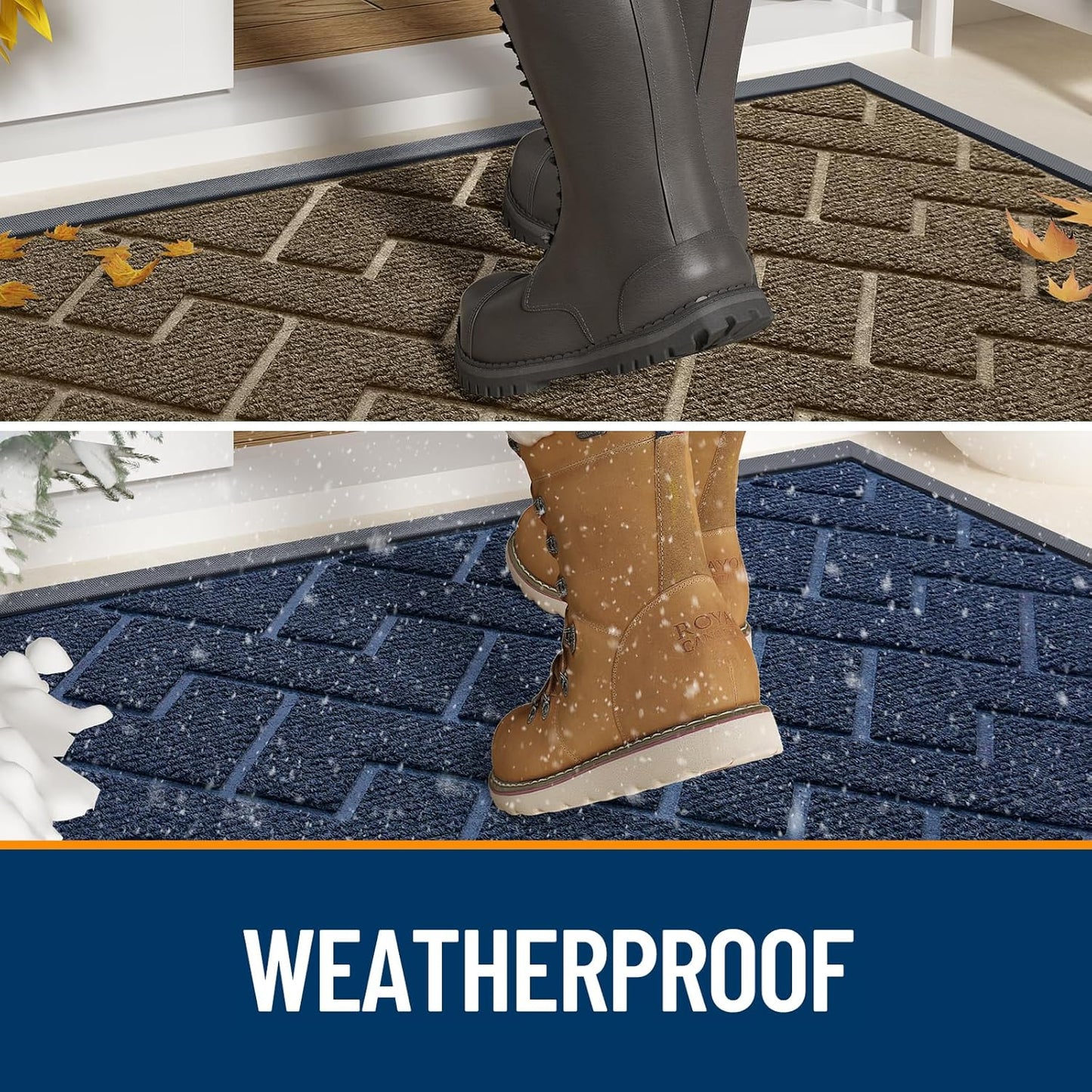OLANLY Waterproof Front Door Mat | All-Season Herringbone Design | Easy Clean Natural Rubber | 29.5"x17" (Blue)