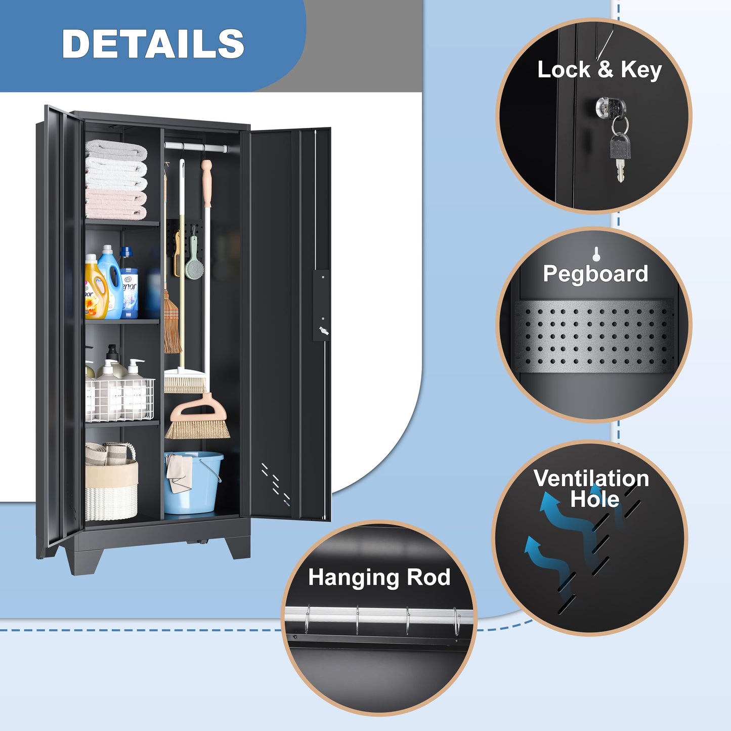 VASAAOSD 61" Broom Closet Storage Cabinet, Metal Storage Cabinet with Doors, Utility Cabinets for Brooms and Mops, Cleaning Tool Cabinets for Garage, Laundry Room, Bathroom