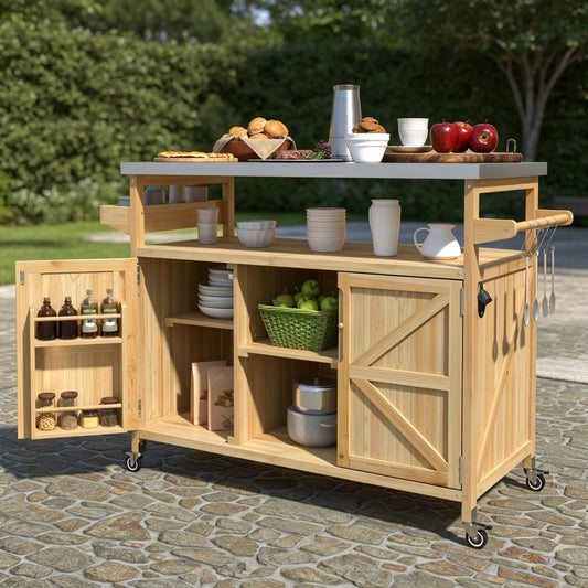 DFCHLDA Outdoor Kitchen Island Rolling Bar Cart & Storage Cabinet, Farmhouse Solid Wood Grill Table with Stainless Steel Top, Spice Rack & Towel Rack for Kitchen & BBQ(Natural, 50.25inch)