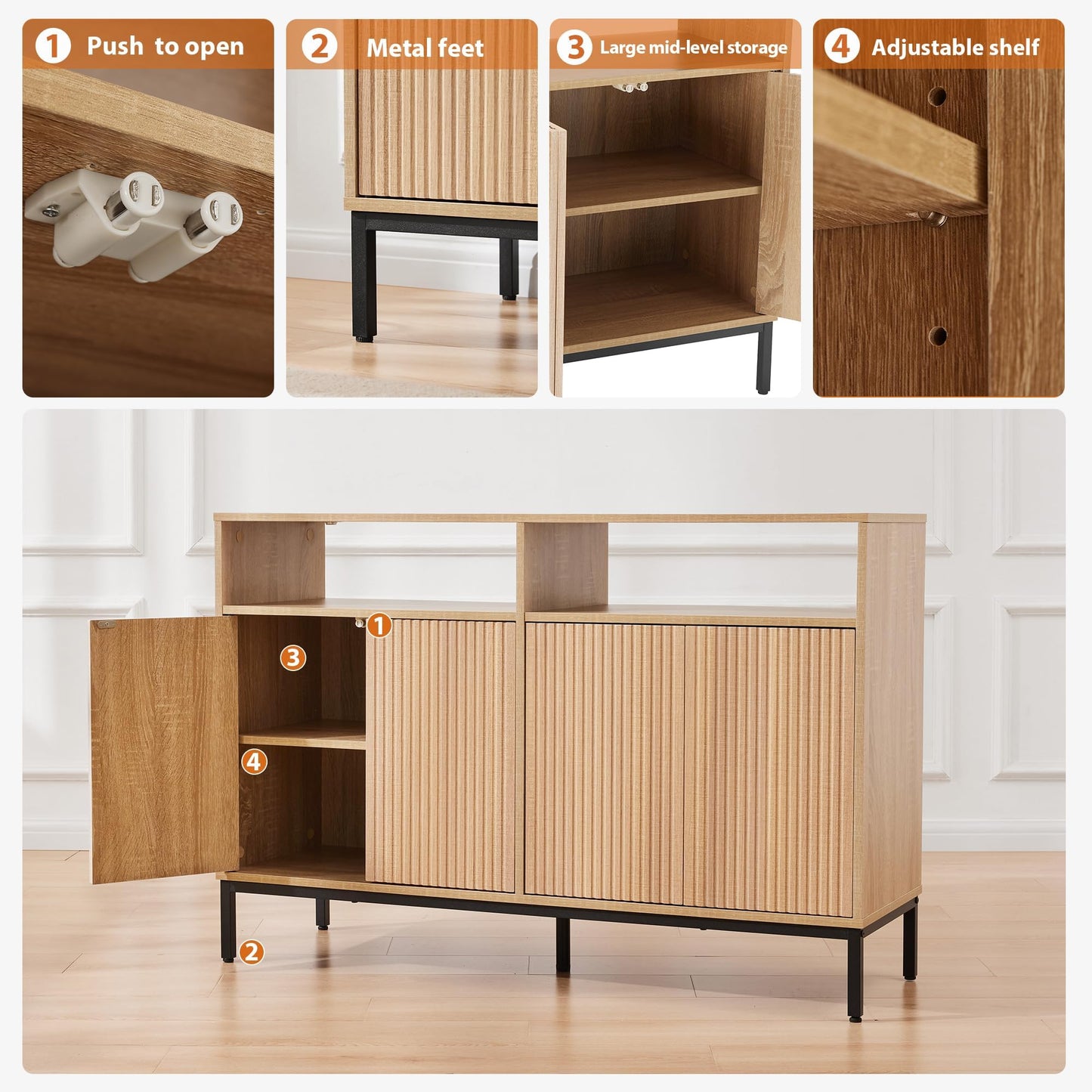 Mericonia Farmhouse Buffet Sideboard Cabinet with Storage, Fluted Coffee Bar with Doors and Adjustable Shelves, Modern Wood Console Cabinet for Kitchen, Livingroom (Fluted 4 Door, Natural)