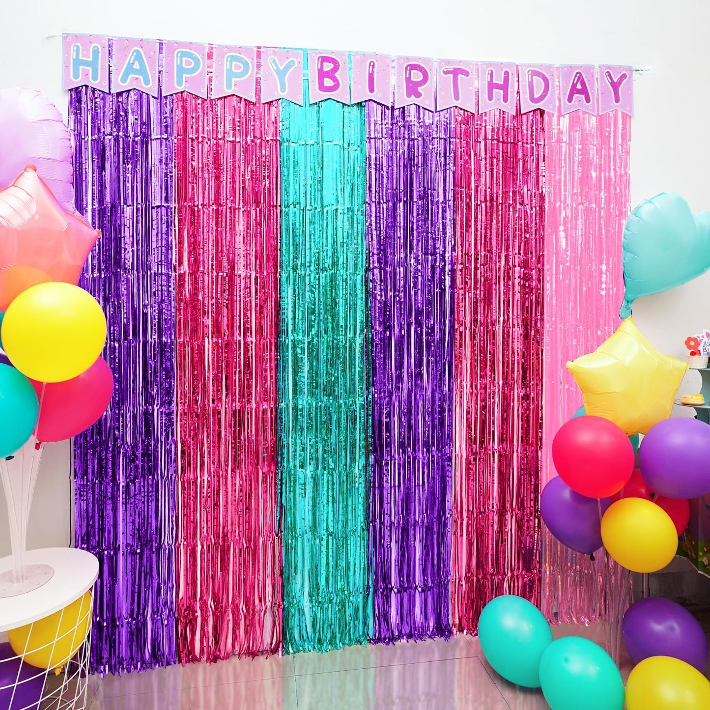 Satankya 2 Pack Cute Dollhouse Birthday Decorations, Dollhouse Party Photo Booth Prop, Purple Pink Teal Fringe Curtains
