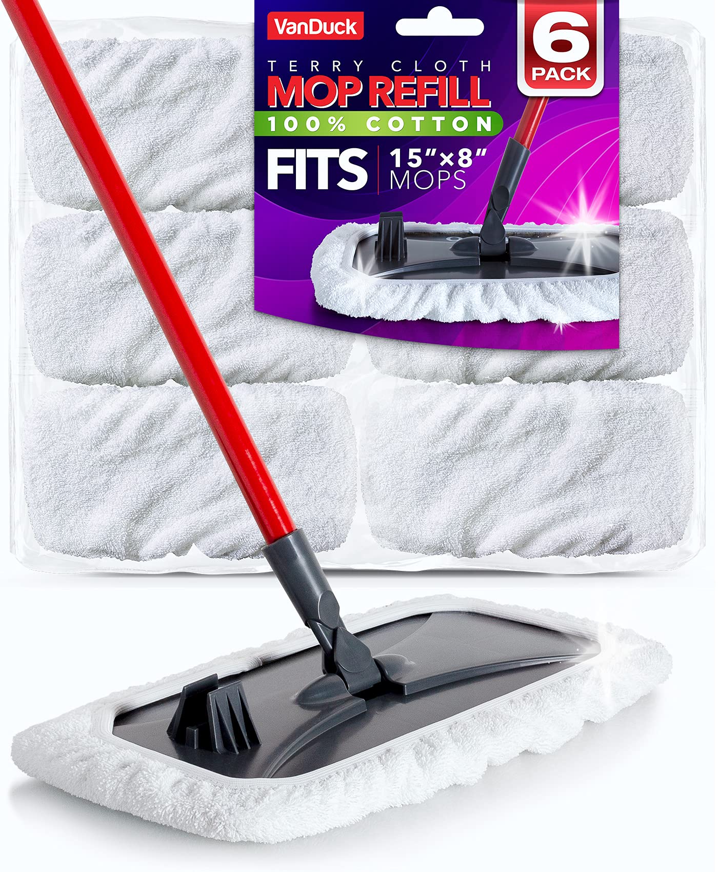 VanDuck 100% Cotton Terry Cloth Mop Pads 15x8 Inch 6-Pack (Handle is Not Included)