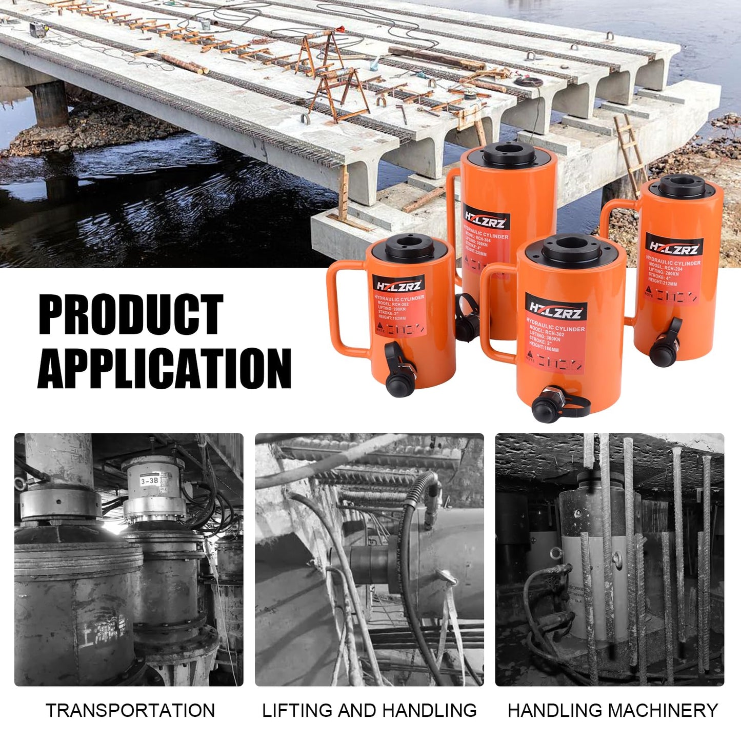 HZLZRZ 20T Hydraulic Cylinder Jack Hollow Single Acting Hydraulic Ram Cylinder, Hydraulic Lifting Cylinders 4"(101mm) and Porta Power Kit (RCH-204)