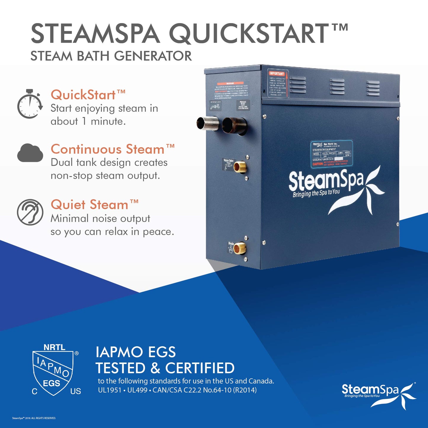 SteamSpa Premium 10.5 KW QuickStart Acu-Steam Bath Generator Package with Built-in Auto Drain in Polished Gold Finish|Touch Panel Control System|PRT1050GD-A