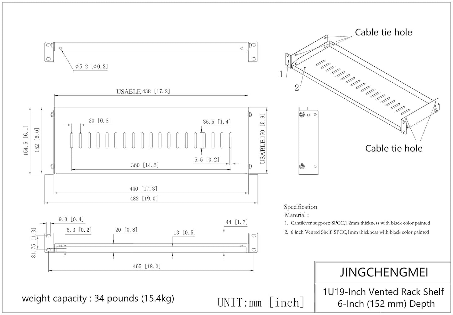 JINGCHENGMEI 1U 6"(152mm) 19-Inch Cabinet(1U6V) Disassembled Vented Cantilever Server Rack Mount Shelf Depth