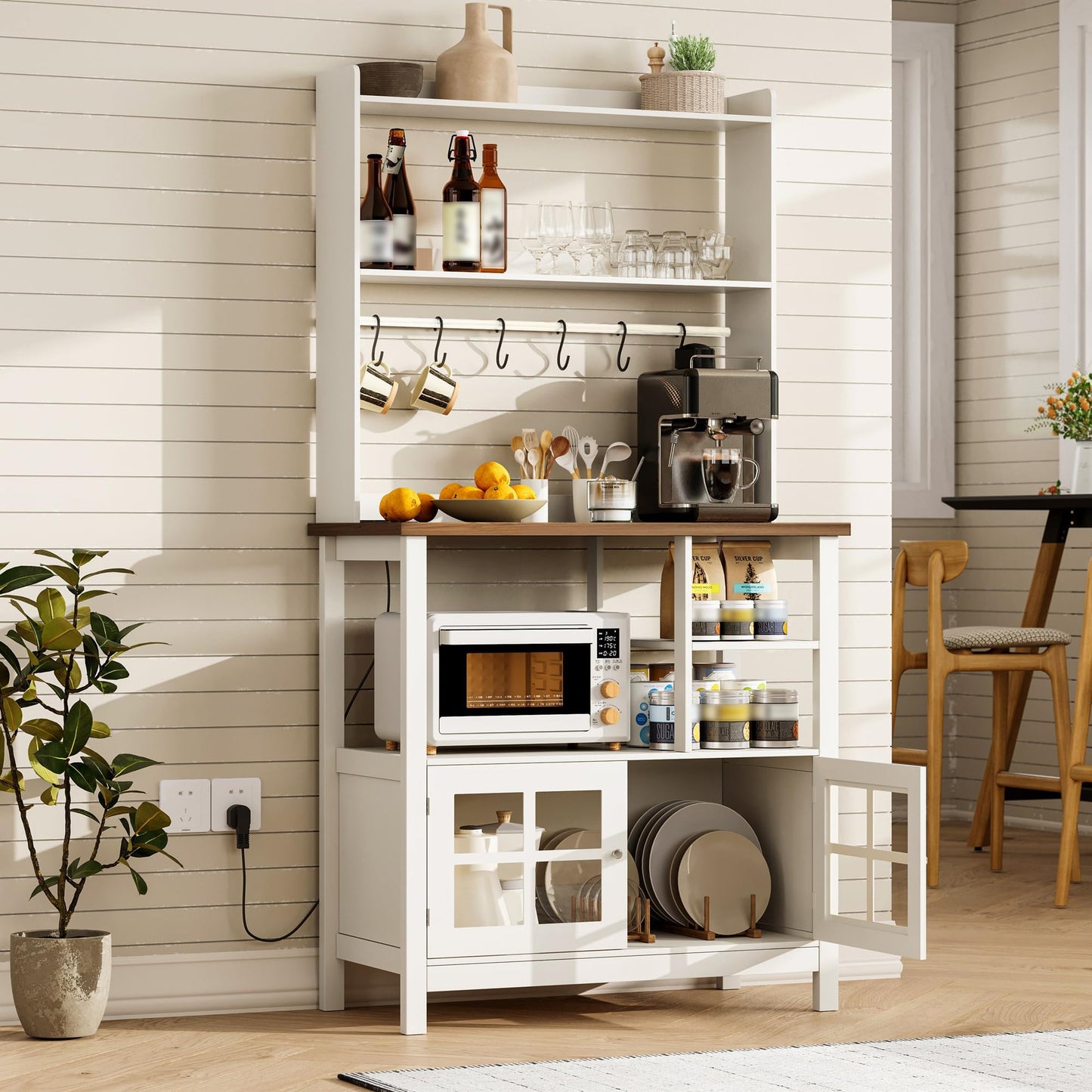 ChooChoo Farmhouse Bakers Rack with Power Outlets and Storage, Coffee Bar Cabinet with Storage, Microwave Stand Kitchen Cabinet with Hutch and 6 Hooks, Soft White & Brown