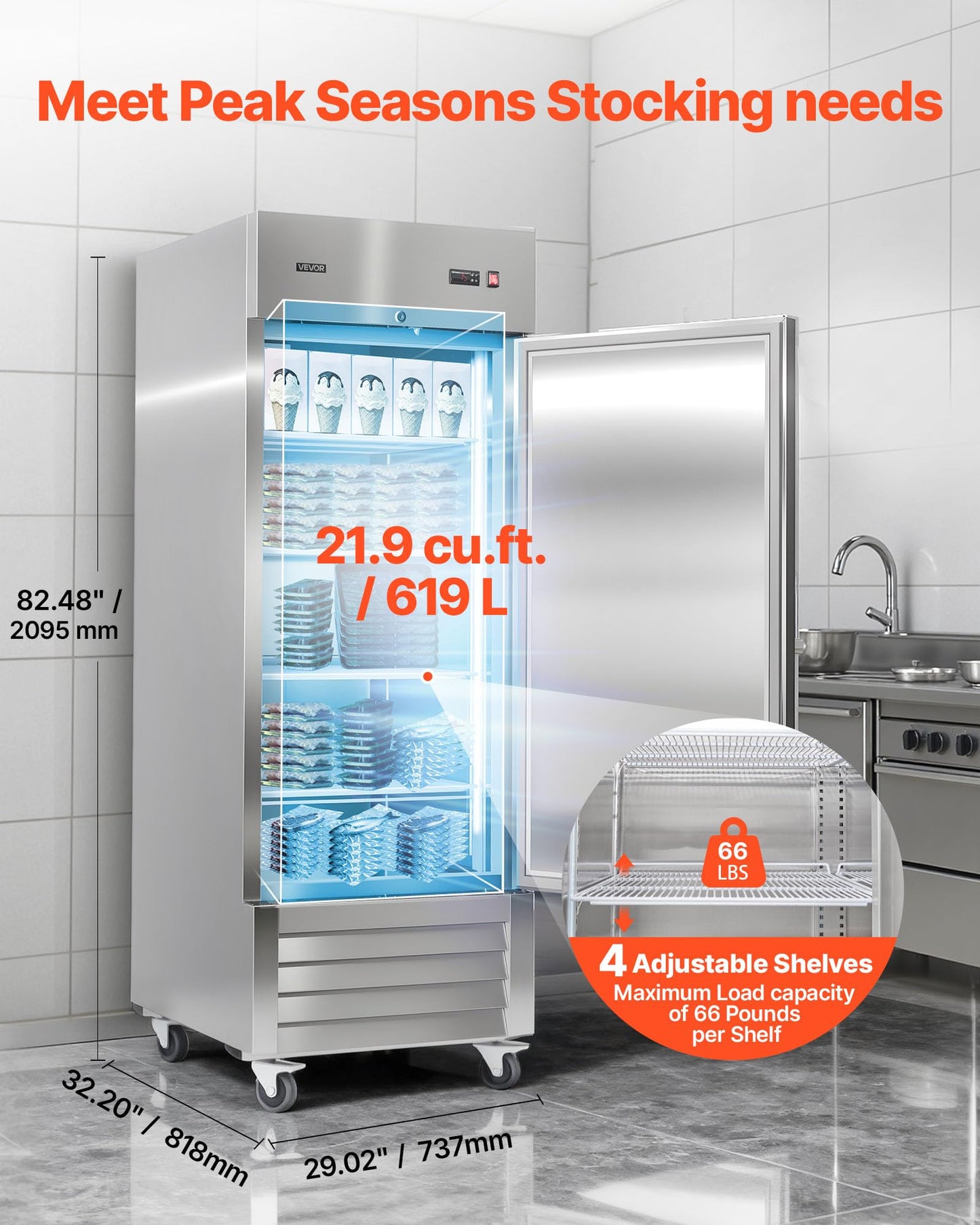 VEVOR Commercial Reach-In Freezer 29" W, 22 Cu.Ft Stainless Steel Upright Freezer with Single Door, Auto-Defrost, 4 Adjustable Shelves, -11 to 14℉ Temp Control, LED Light, ETL Certified