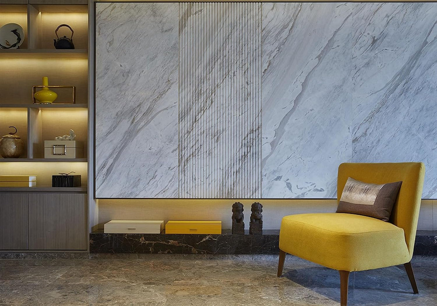 SHDASMIL 5X3ft Luxury Marble Wall Interior Backdrop Yellow Accent Chair Elegant Shelf Background Modern Asian Style