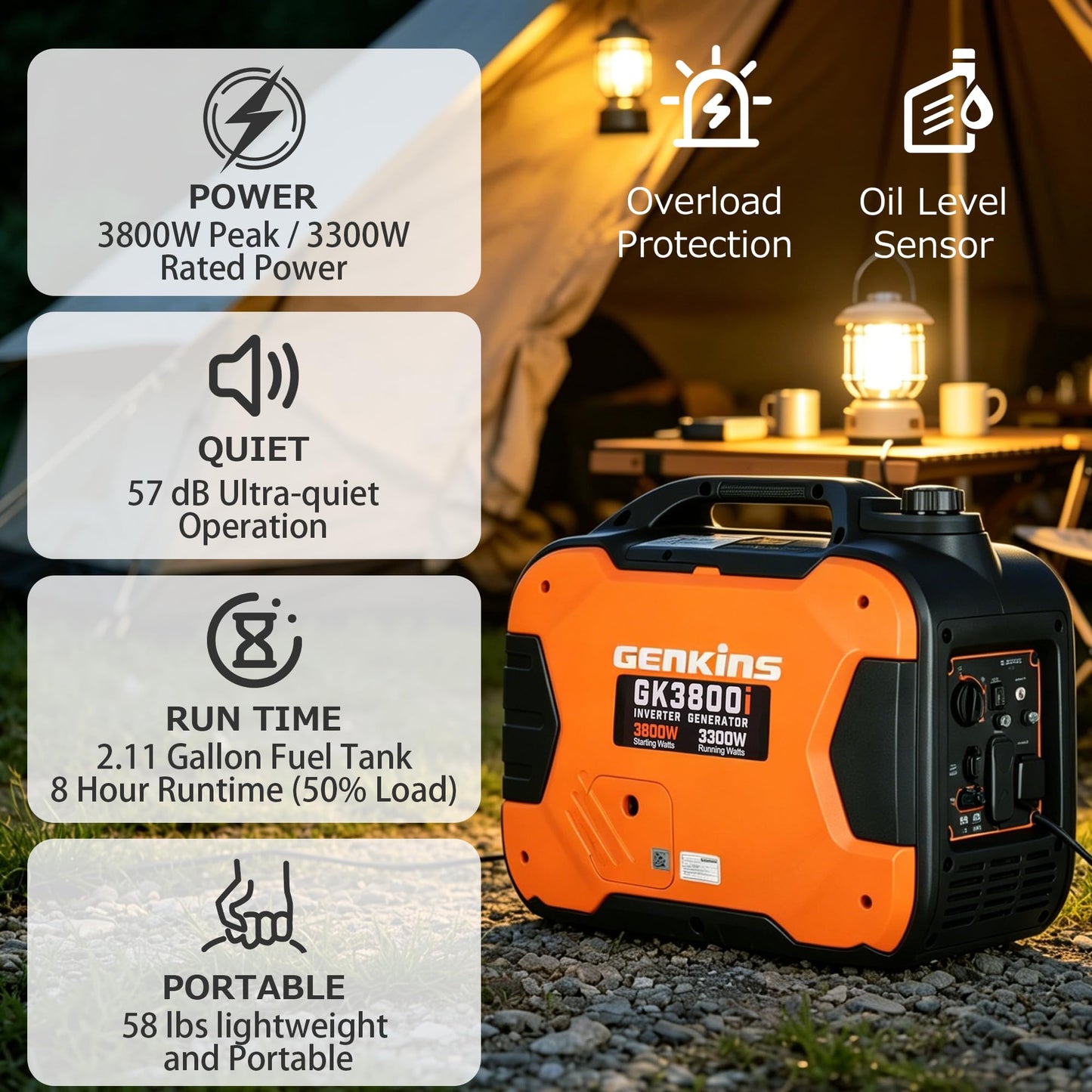 GENKINS 3800W Portable Inverter Generator,Gas Powered,163cc 4-Stroke OHV,Parallel Capable,CO Sensor & ESC Fuel-Saving, EPA Compliant for RV Ready 30A Outlet, Camping & Outdoor Use