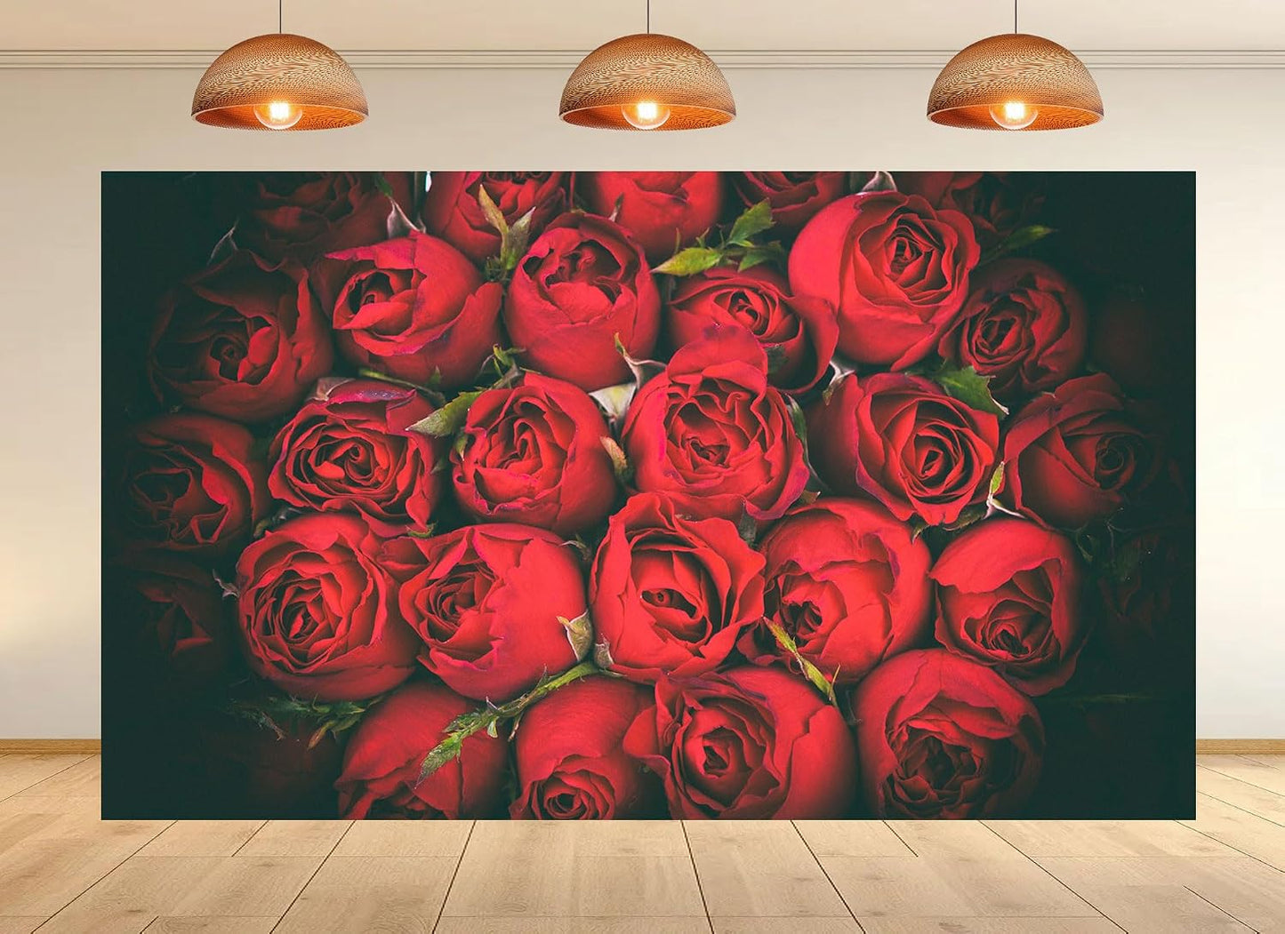 UPXIO 7x7ft Dense Red Roses Bouquet Backdrop Romantic Floral Deep Red Petals Photo Background Tapestry for Wedding