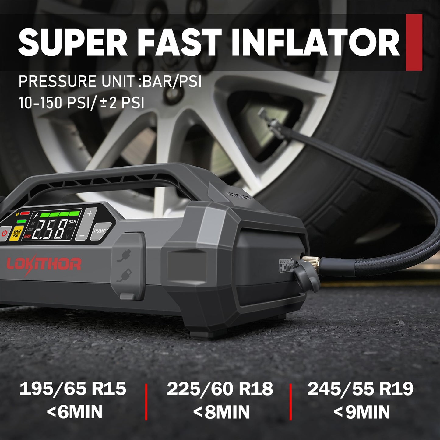 LOKITHOR JA400 1750A 12V Jump Starter with Air Compressor, 60W Two-Way Fast Charing, Lithium Car Battery Starter with 150PSI Digital Tire Inflator, Booster Pack for 7.5L Gas or 5.5L Diesel Engines