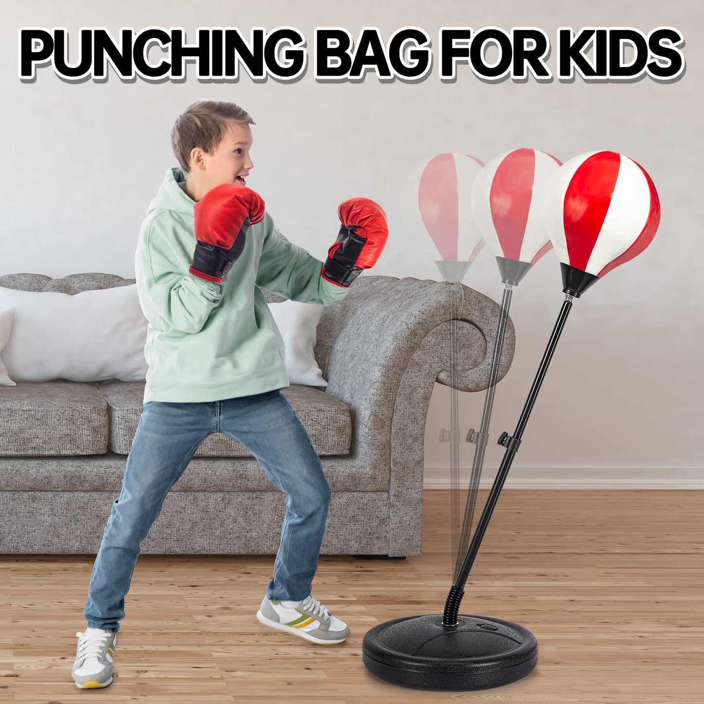 ShyLizard Punching Bag for Kids Included 2 Pack Boxing Gloves, Boxing Toy Sets with Height Adjustable Stand for Boys, Sports Gifts for Boys & Girls Age 5,6,7,8,9,10 Years Old