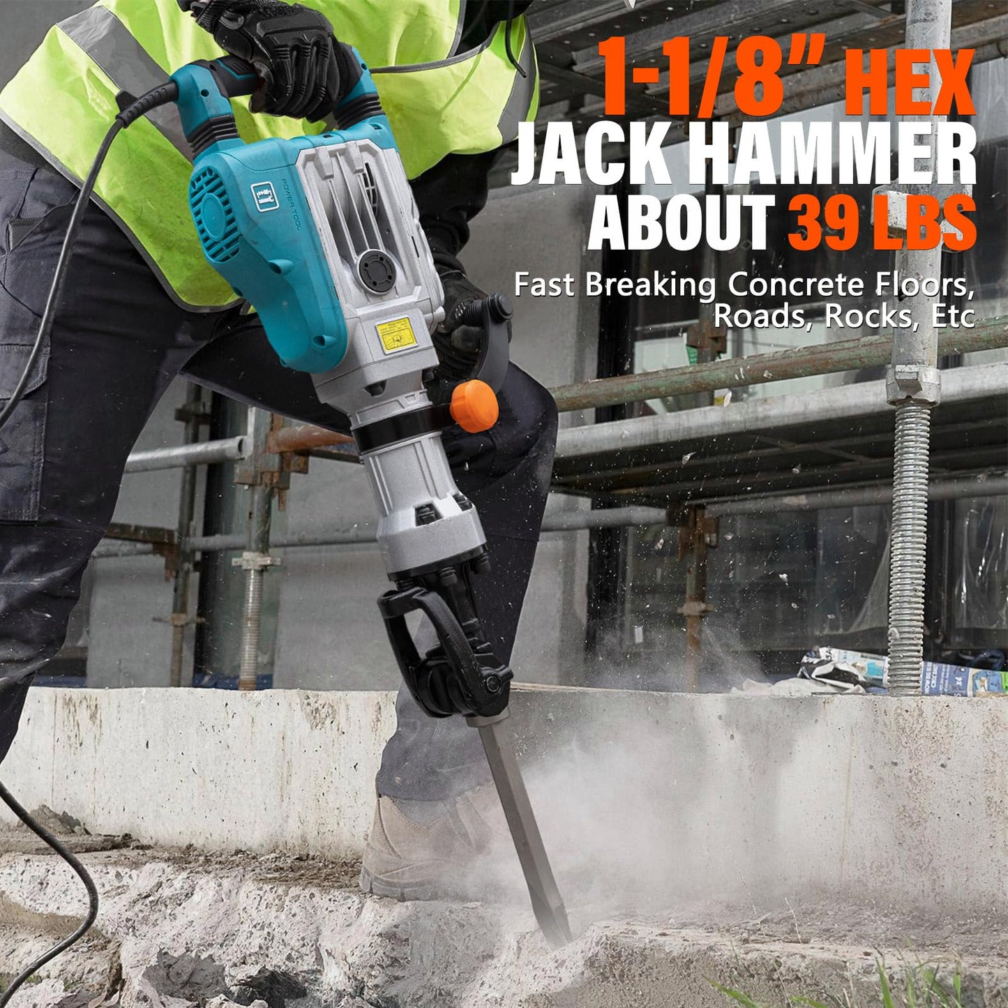 Berserker 40-Pound 1-1/8" Hex Shank Demolition Jack Hammer, 1700W 14.5-Amp Heavy Duty Concrete/Pavement Breaker with Carrying Case Bull Point Chisel & 2 Flat Chisel