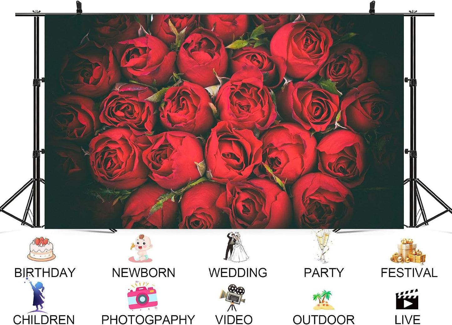 UPXIO 8x8ft Dense Red Roses Bouquet Backdrop Romantic Floral Deep Red Petals Photo Background Tapestry for Wedding